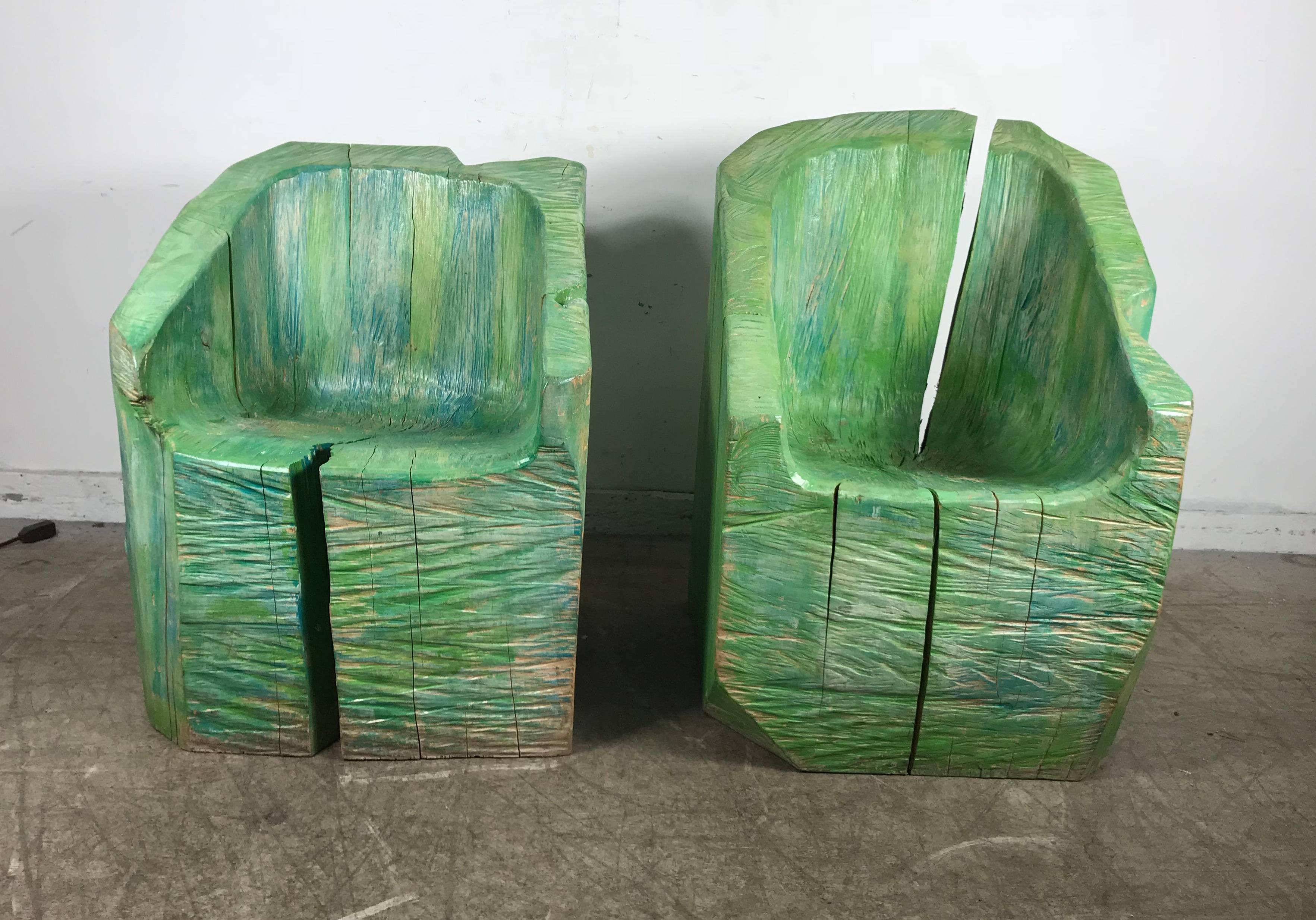 Pair of stunning stump carved and painted wood chairs, French, circa 1970s. Wonderful form, modernist Art Deco inspired, originally purchased in France in the late 1970s, extremely heavy, hand delivery avail to New York City or anywhere en route