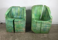 Pair of Stunning Stump Carved and Painted Wood Chairs, French, circa 1970s