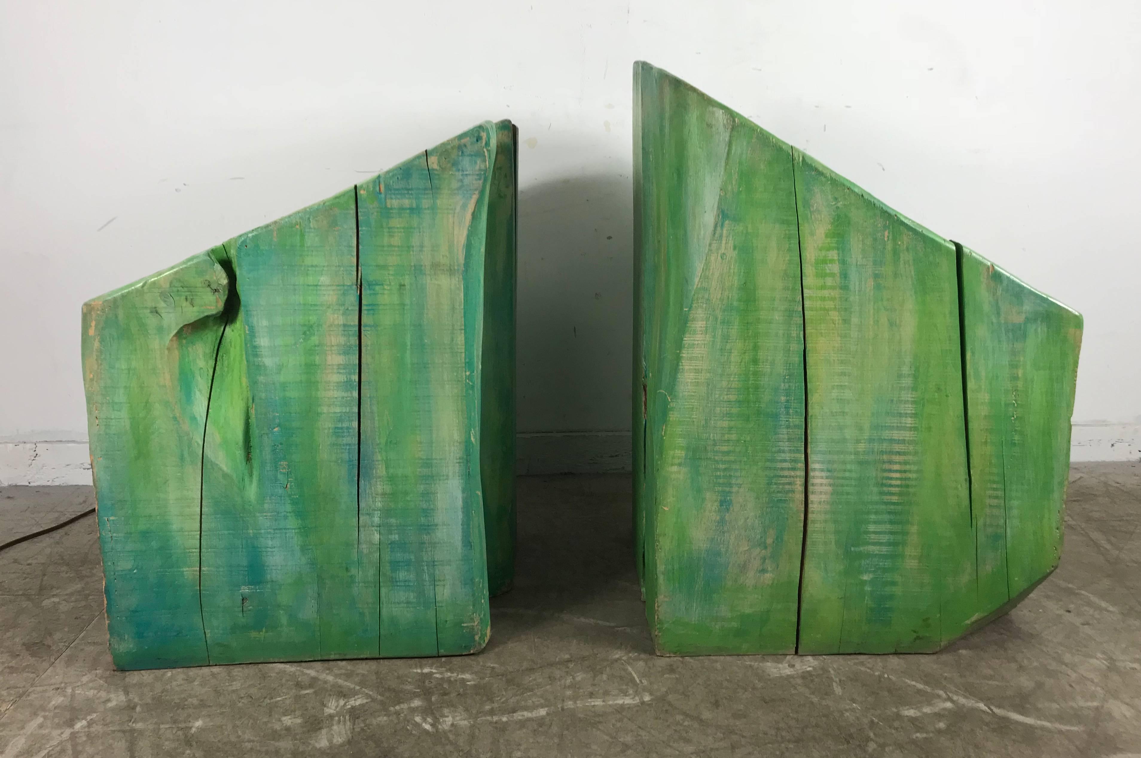 Organic Modern Pair of Stunning Stump Carved and Painted Wood Chairs, French, circa 1970s For Sale