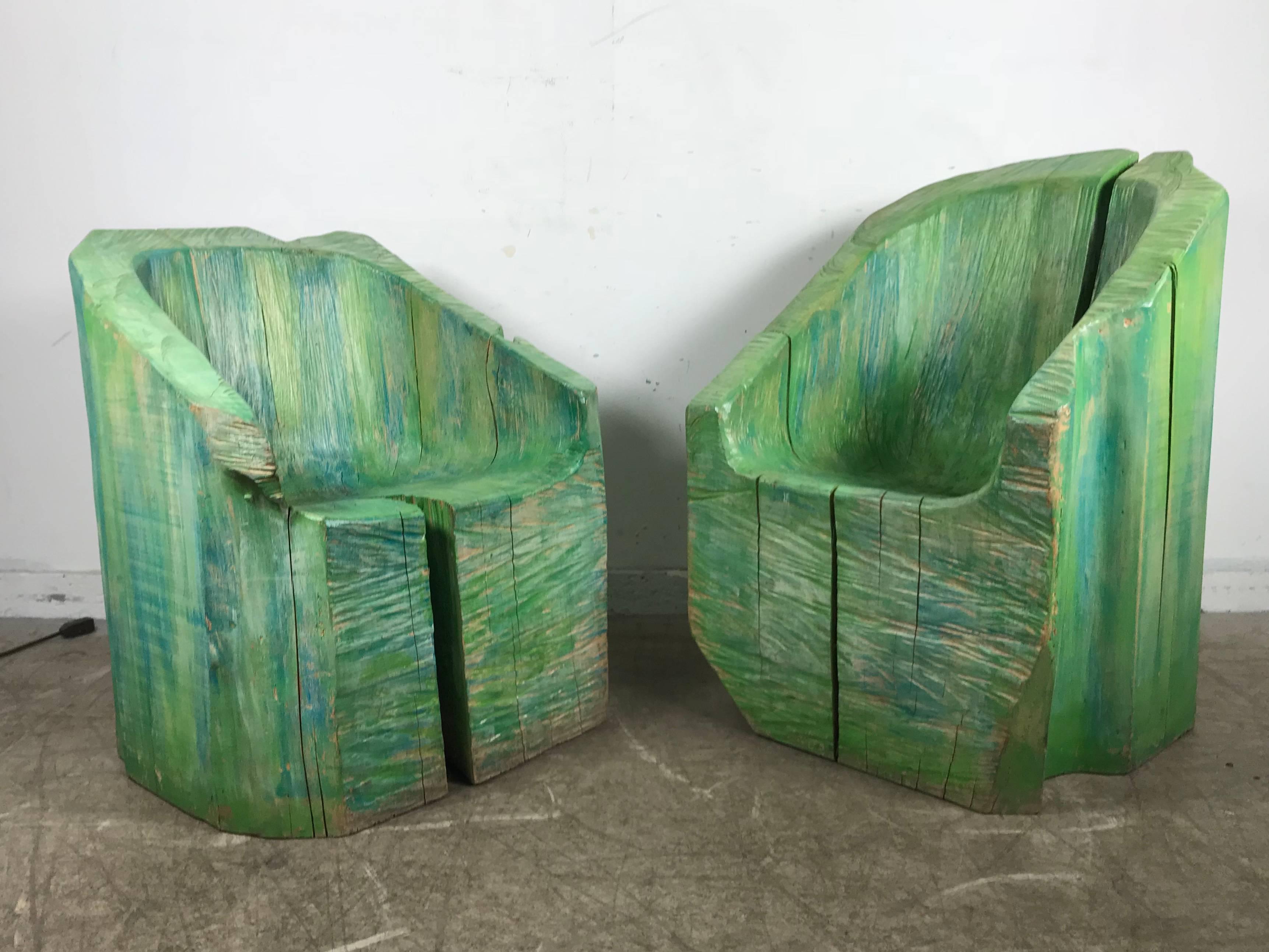 Hand-Carved Pair of Stunning Stump Carved and Painted Wood Chairs, French, circa 1970s For Sale