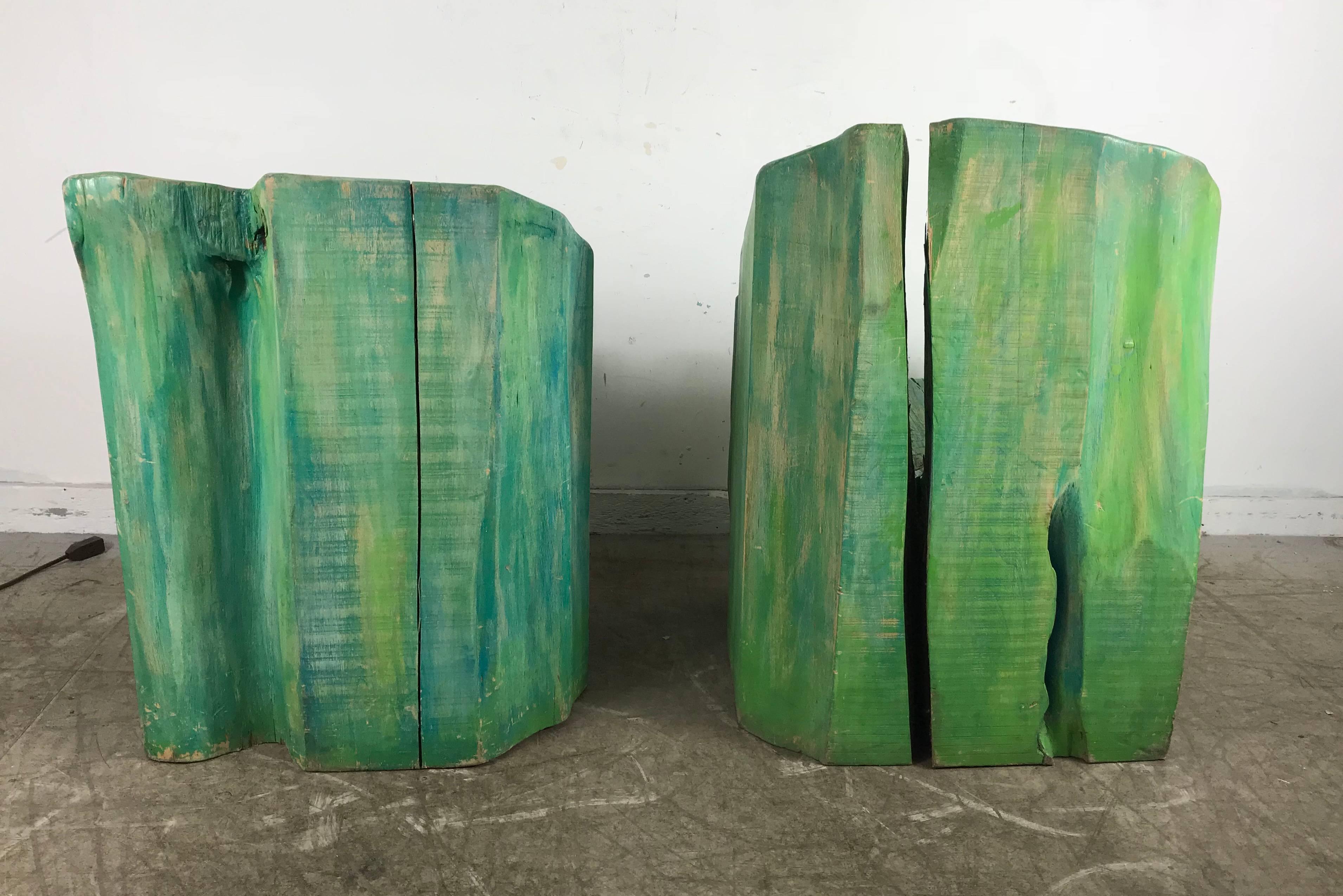 Pair of Stunning Stump Carved and Painted Wood Chairs, French, circa 1970s In Excellent Condition For Sale In Buffalo, NY