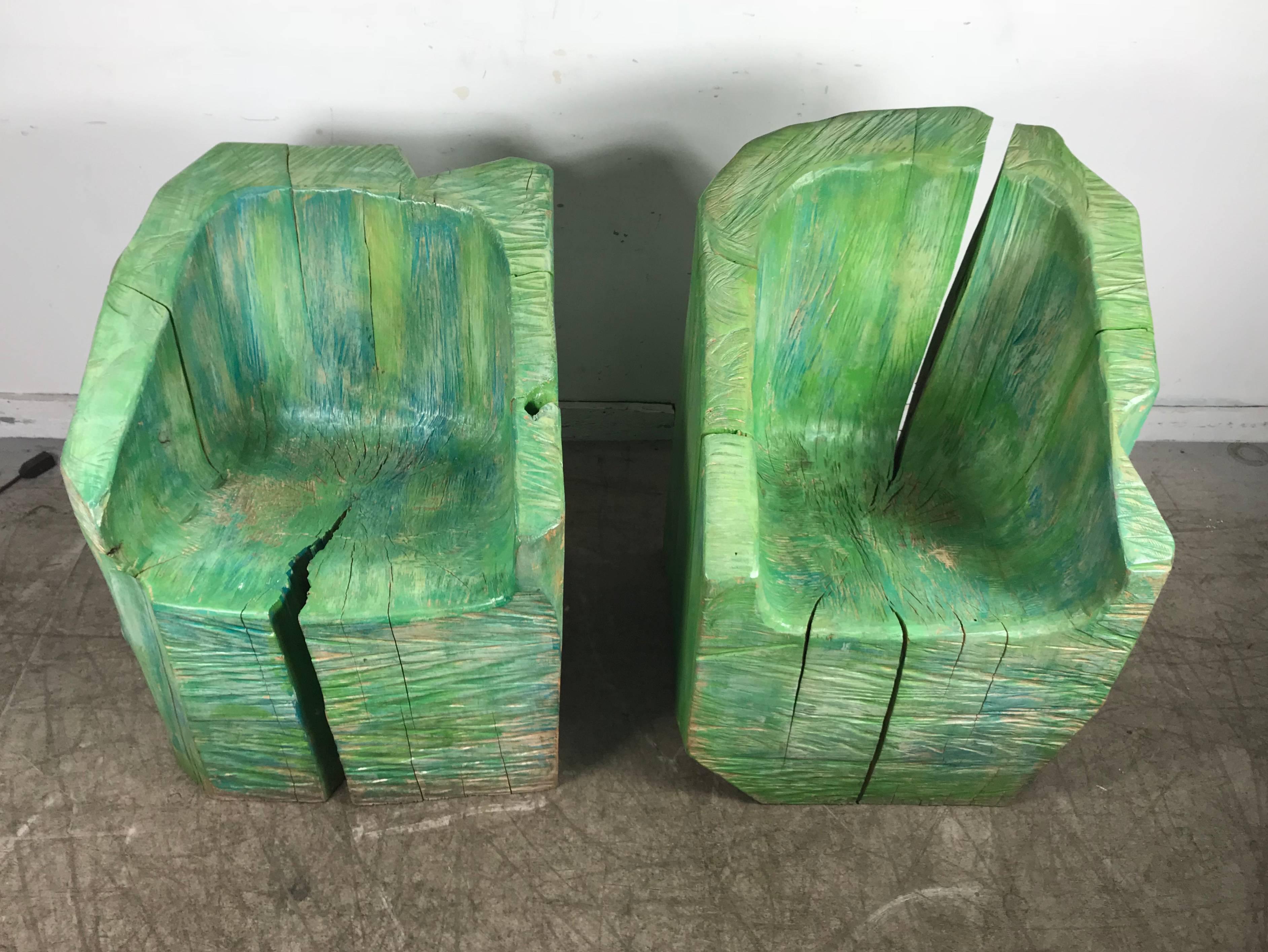 Late 20th Century Pair of Stunning Stump Carved and Painted Wood Chairs, French, circa 1970s For Sale