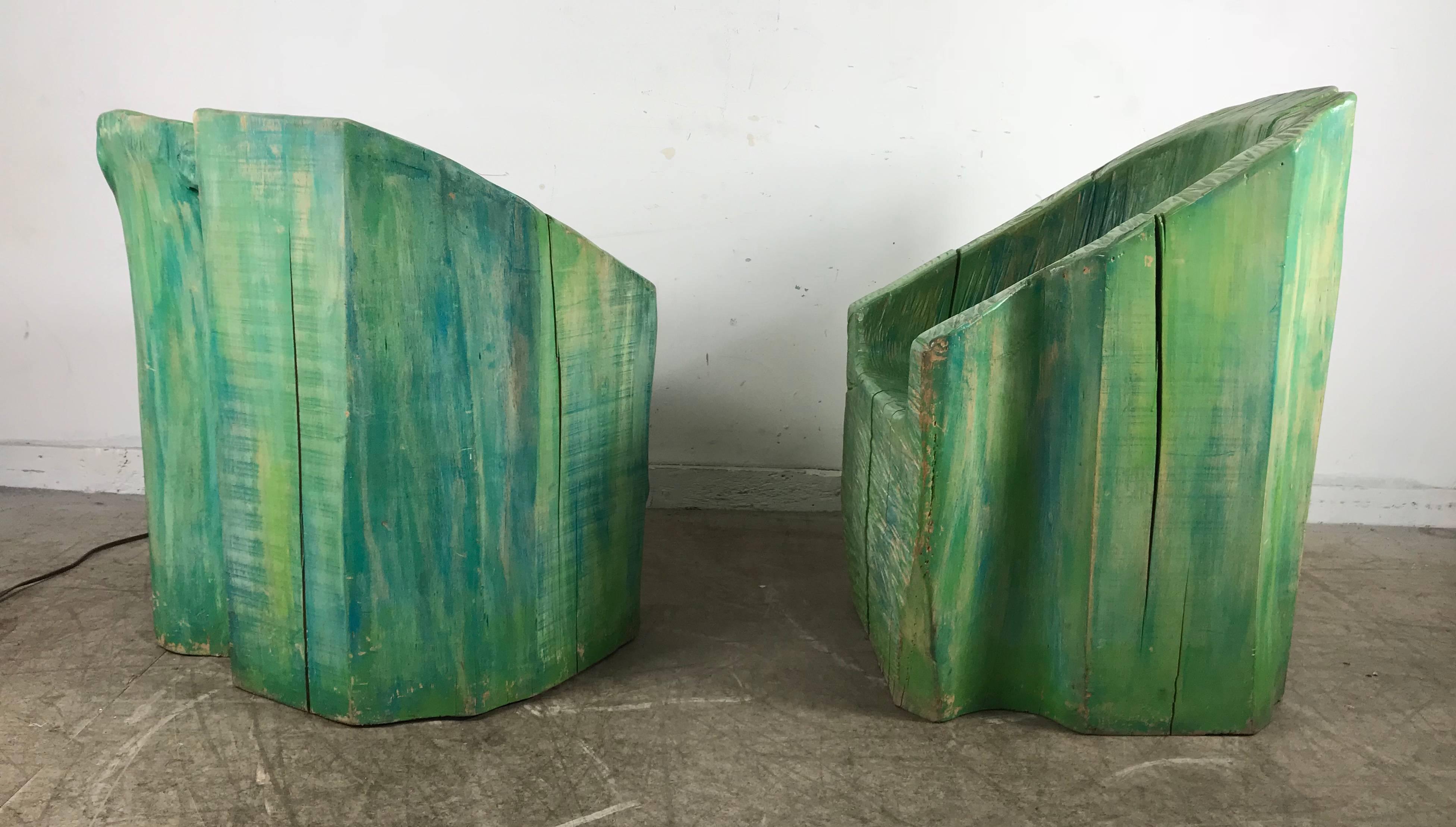 Pair of Stunning Stump Carved and Painted Wood Chairs, French, circa 1970s For Sale 1