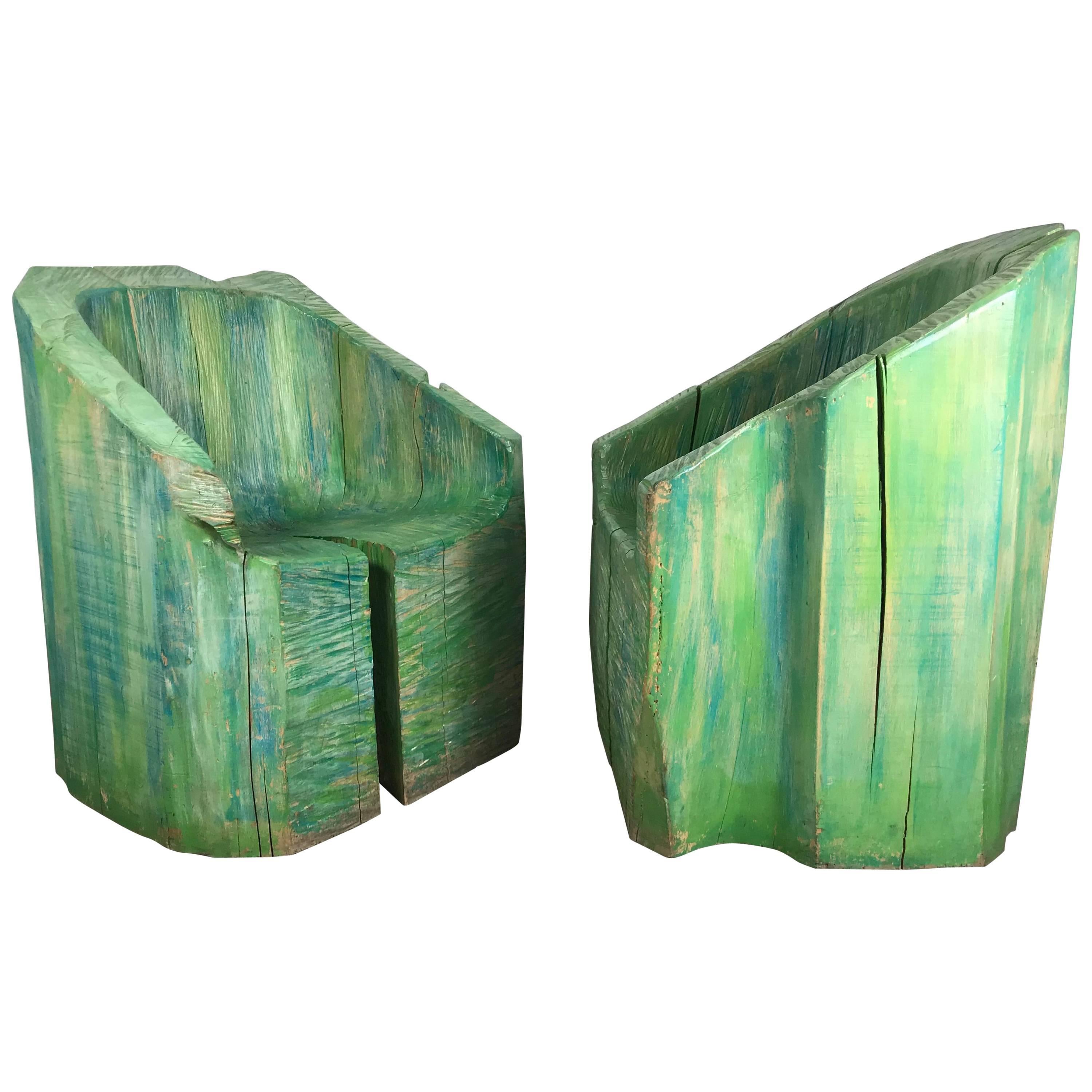 Pair of Stunning Stump Carved and Painted Wood Chairs, French, circa 1970s For Sale