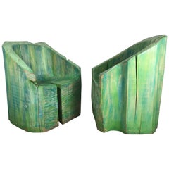 Pair of Stunning Stump Carved and Painted Wood Chairs, French, circa 1970s