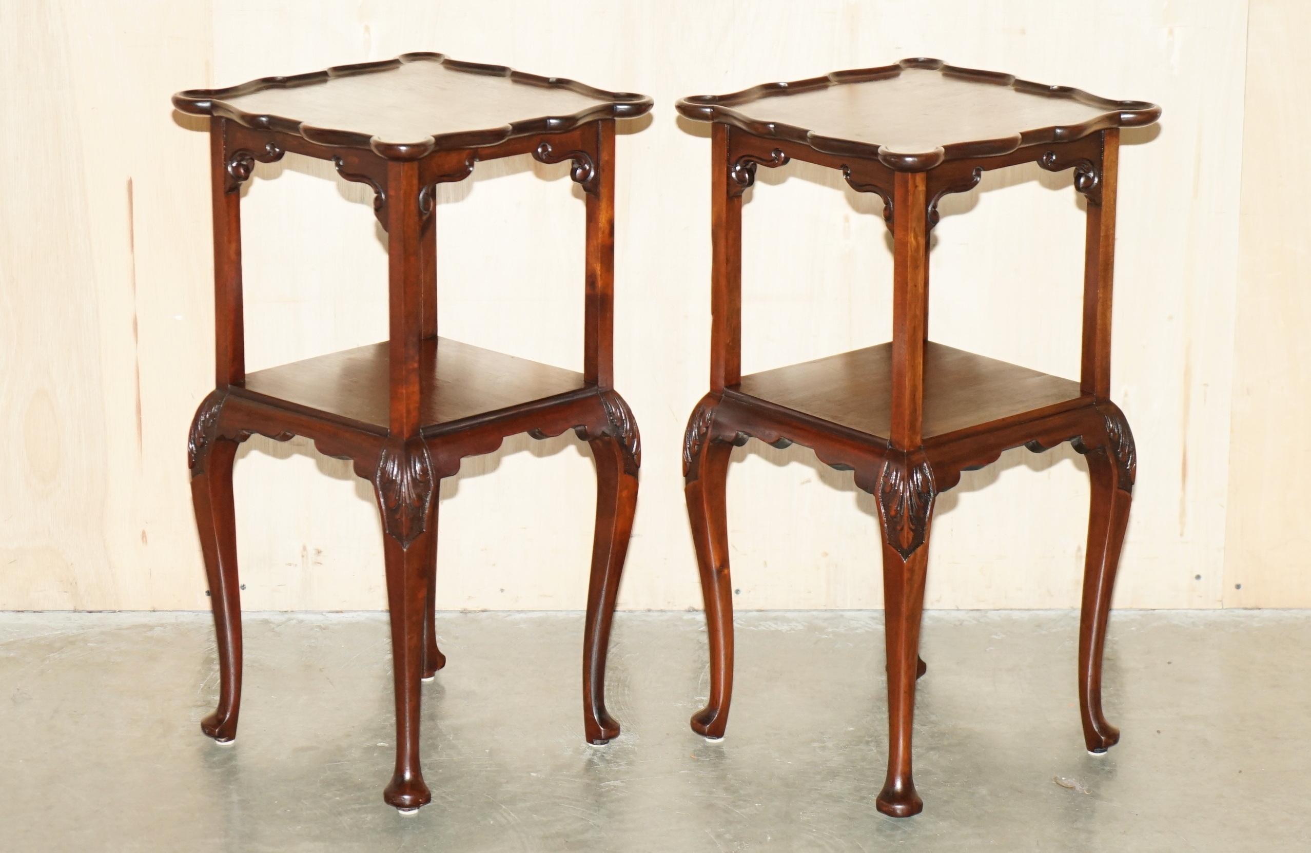 Royal House Antiques

Royal House Antiques is delighted to offer for sale this lovely pair of vintage Thomas Chippendale style two tier tall side tables with lovely sculpted Pie Crust edge top, signed by the restorer to the base

Please note the