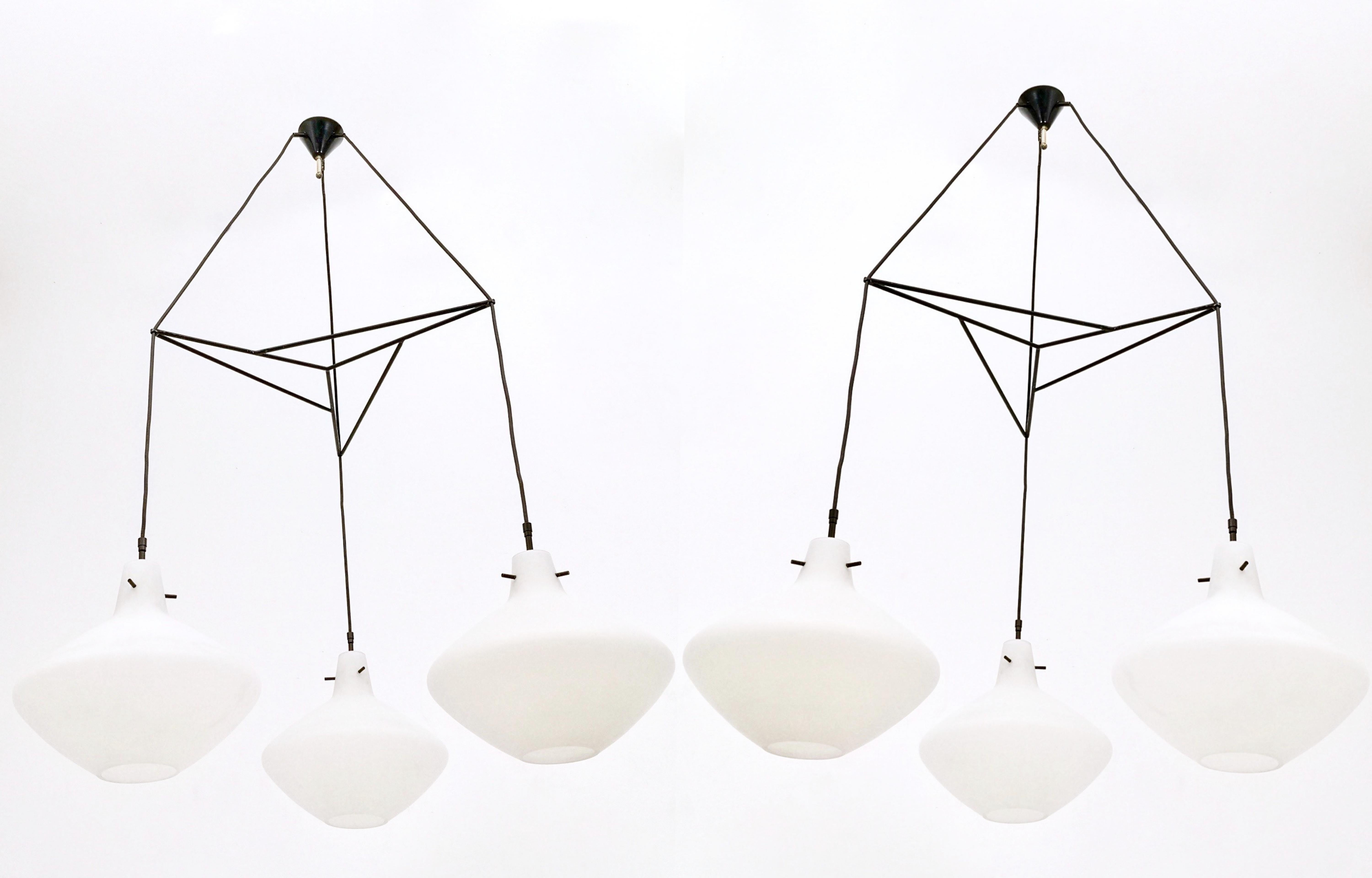 Italian Pair of Stunning Three-Light Glass Chandeliers by Stilnovo, Italy, 1950s