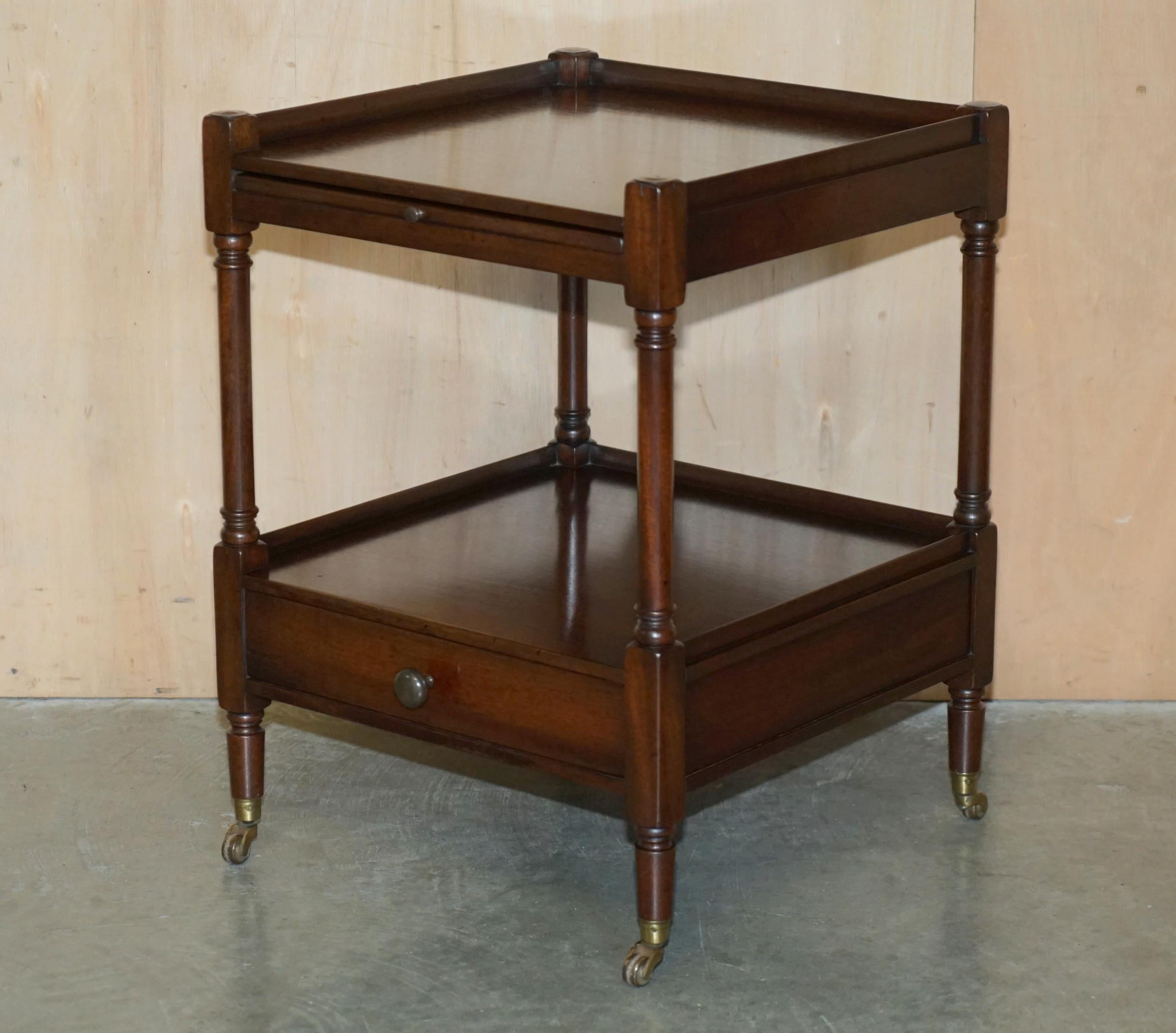 English PAIR OF STUNNiNG TWO TIERED SIDE TABLES WITH BROWN LEATHER BUTLERS SERVING TRAYS