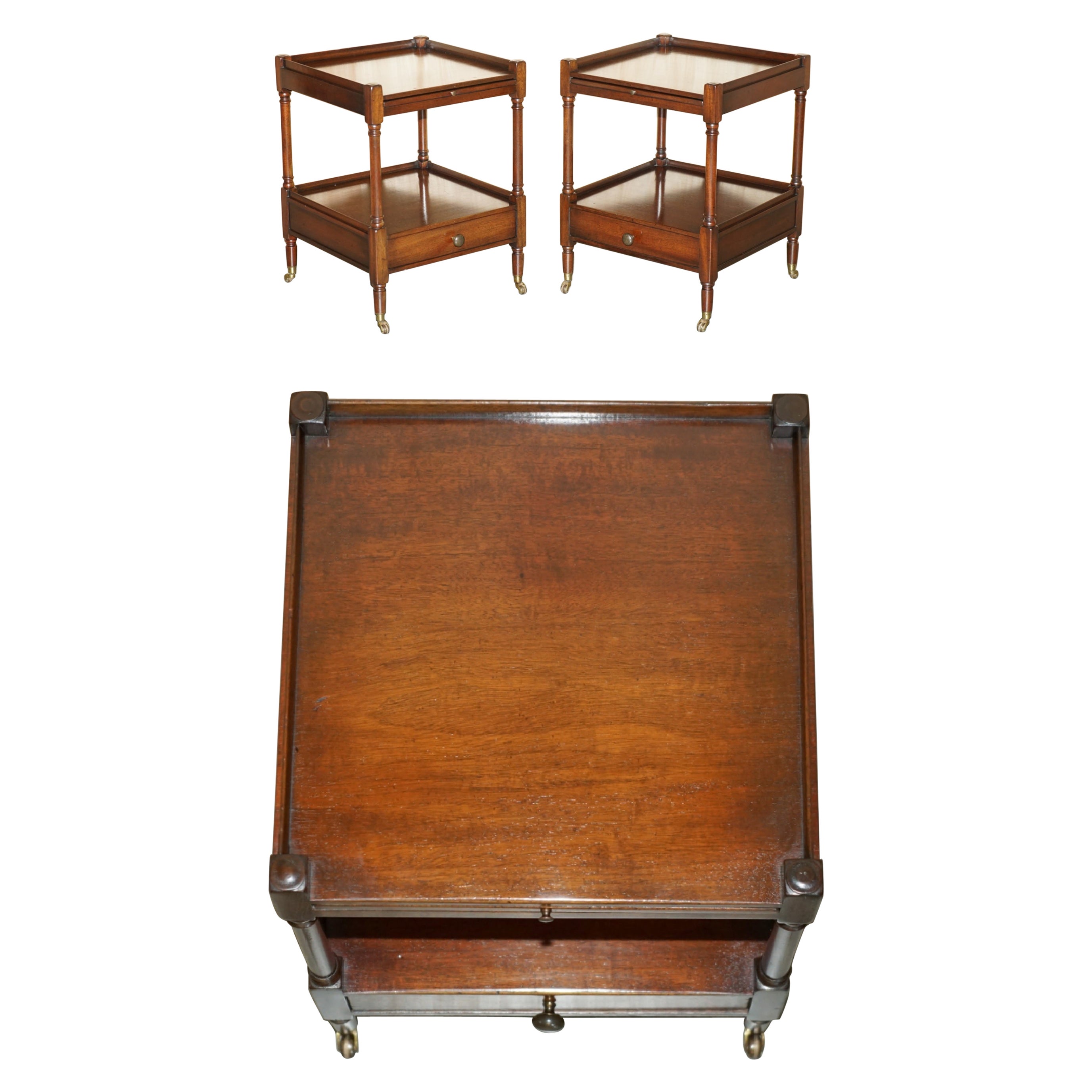 PAIR OF STUNNiNG TWO TIERED SIDE TABLES WITH BROWN LEATHER BUTLERS SERVING TRAYS