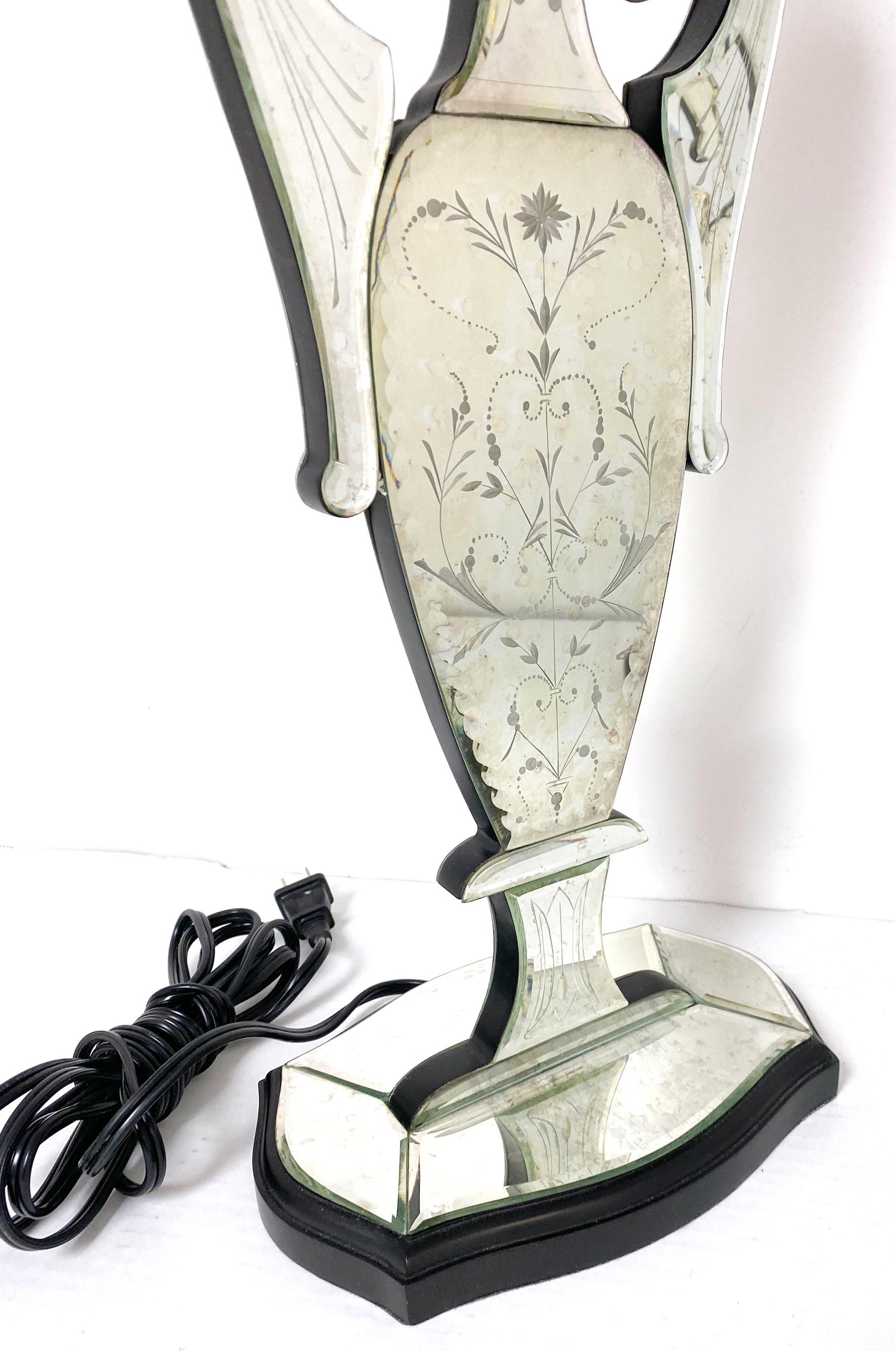 Pair of Stunning Venetian Style Urn Engraved Floral Mirror Lamps, Italy, 20th C. For Sale 2