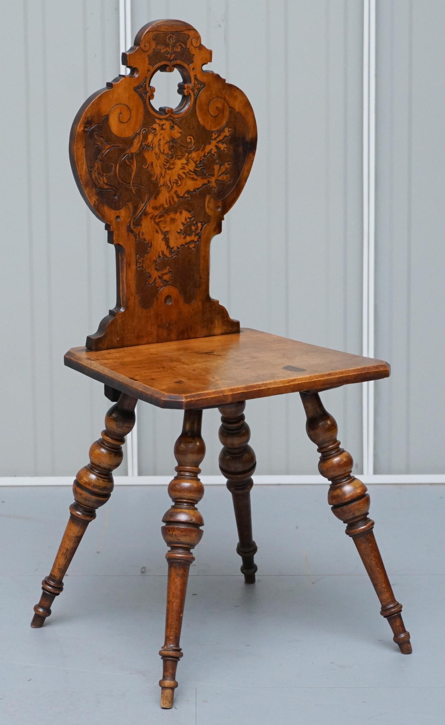 Pair of Stunning Victorian Poker Work Hall Chairs Lion Armorial Crested Backs For Sale 8