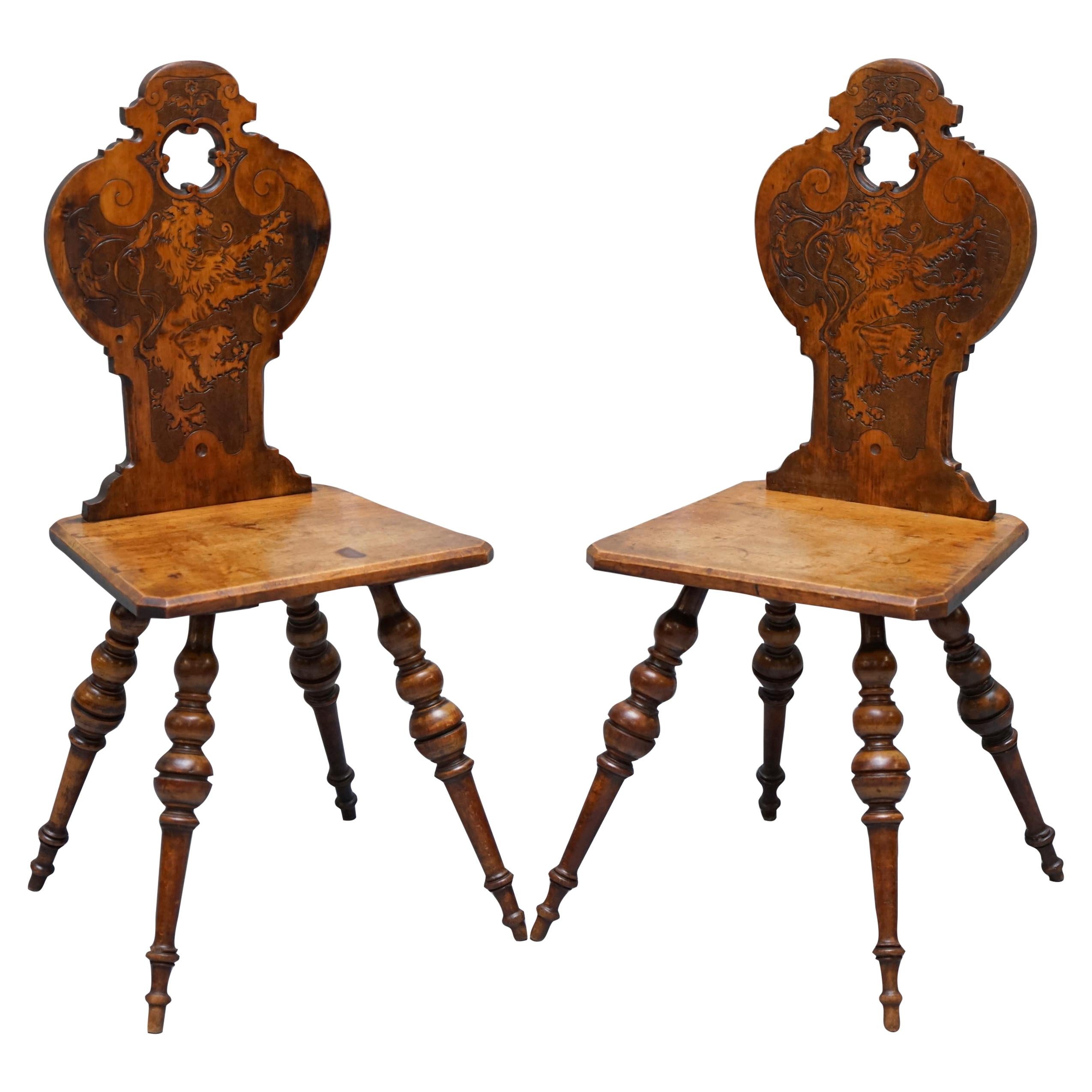Pair of Stunning Victorian Poker Work Hall Chairs Lion Armorial Crested Backs