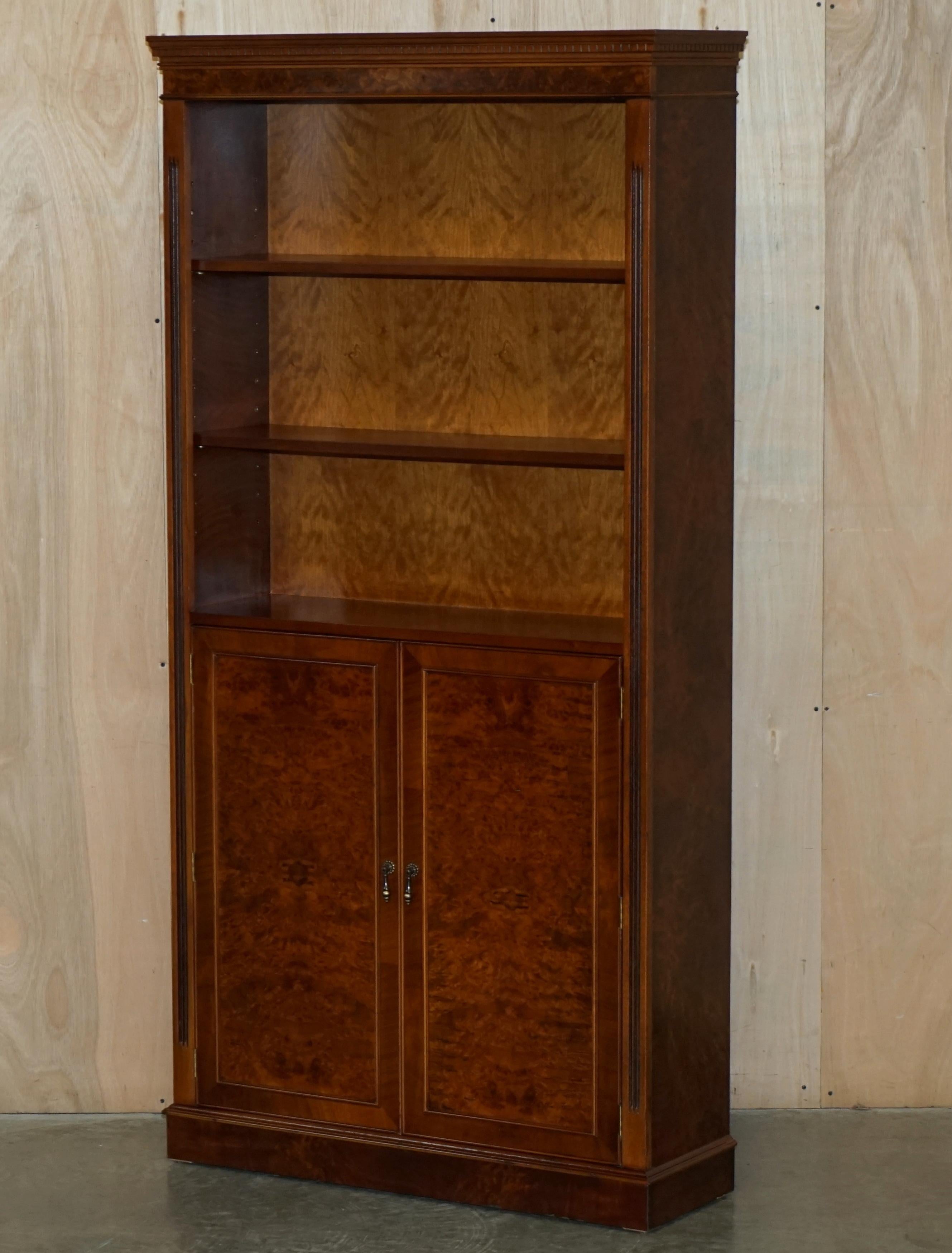 We are delighted to offer for sale this lovely pair of stunning vintage Burr & Burl Walnut open library bookcases with cupboard bases

A very good looking well made and decorative pair, it is very rare to find these bookcases in Burr walnut, the