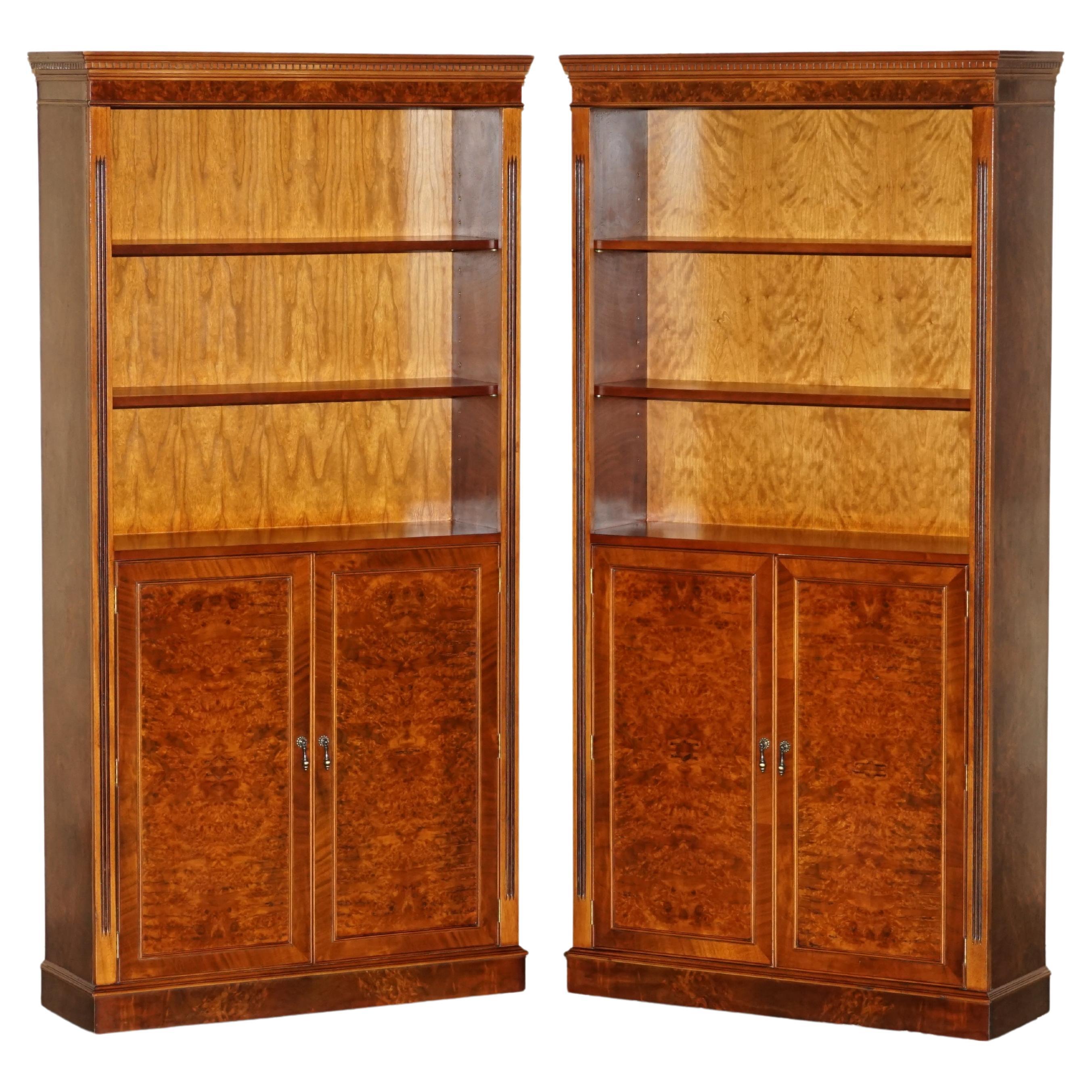 Pair of Stunning Vintage Burr & Burl Walnut Open Library Bookcases Cupboard Base For Sale