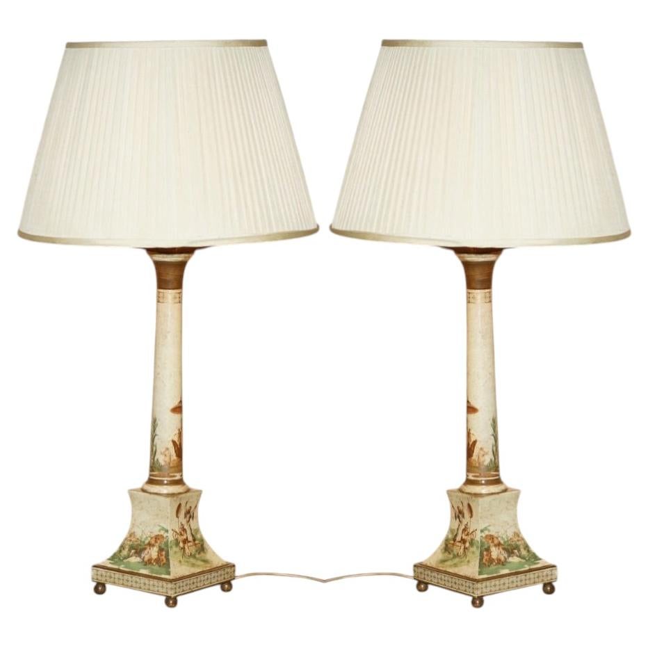PAIR OF STUNNiNG VINTAGE CHINESE CHINOISERIE PAINTED TOLLWARE LARGE TABLE LAMPS