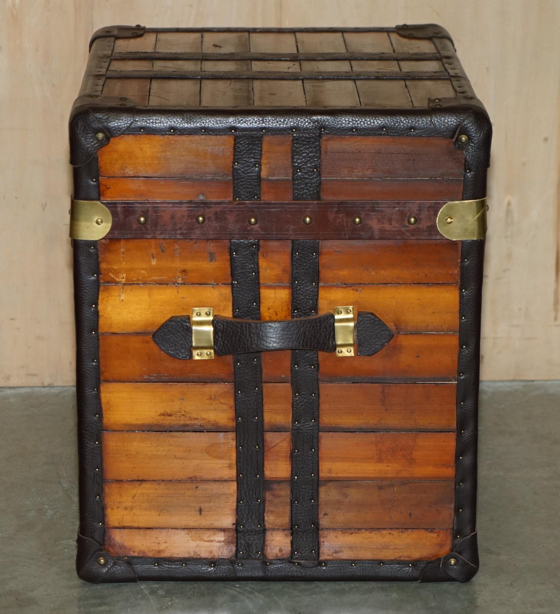 PAIR OF STUNNING ViNTAGE ENGLISH SIDE TABLES STORAGE TRUNKS SLATTED WOOD LEATHER 5
