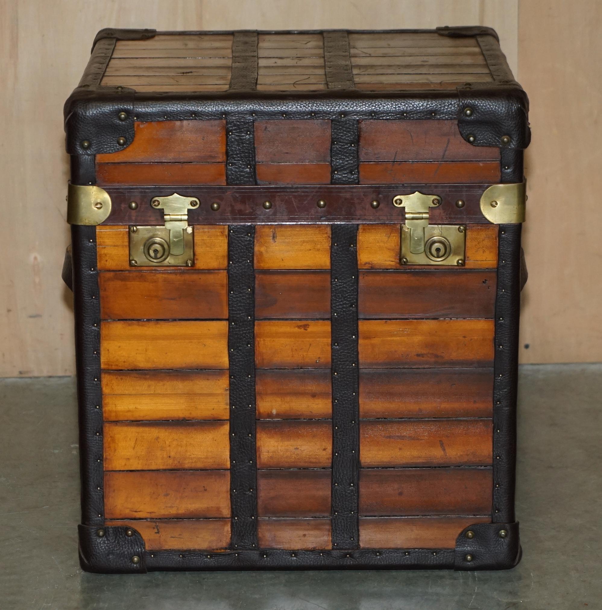 Victorian PAIR OF STUNNING ViNTAGE ENGLISH SIDE TABLES STORAGE TRUNKS SLATTED WOOD LEATHER