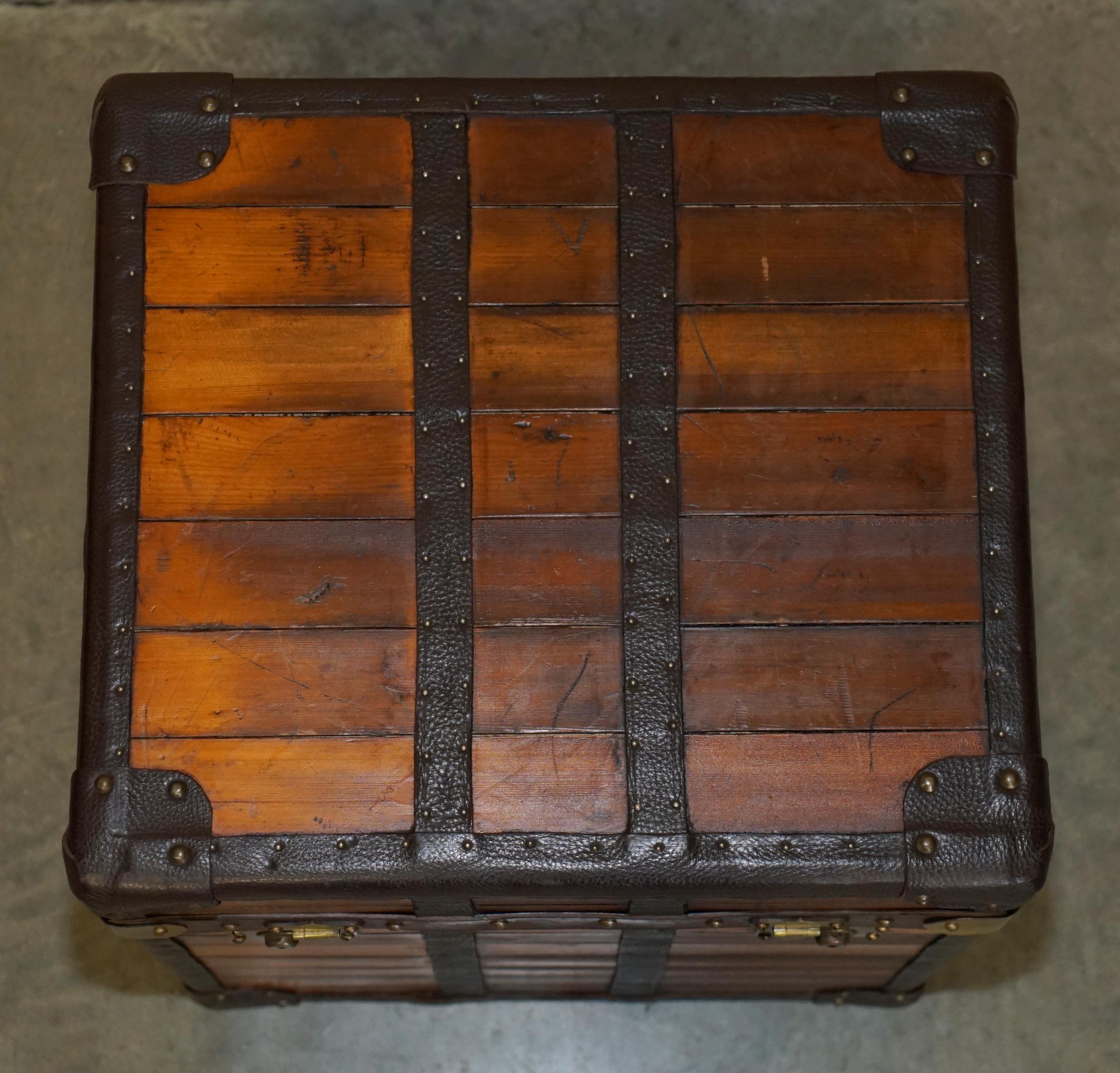 20th Century PAIR OF STUNNING ViNTAGE ENGLISH SIDE TABLES STORAGE TRUNKS SLATTED WOOD LEATHER