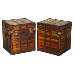 PAIR OF STUNNING ViNTAGE ENGLISH SIDE TABLES STORAGE TRUNKS SLATTED WOOD LEATHER