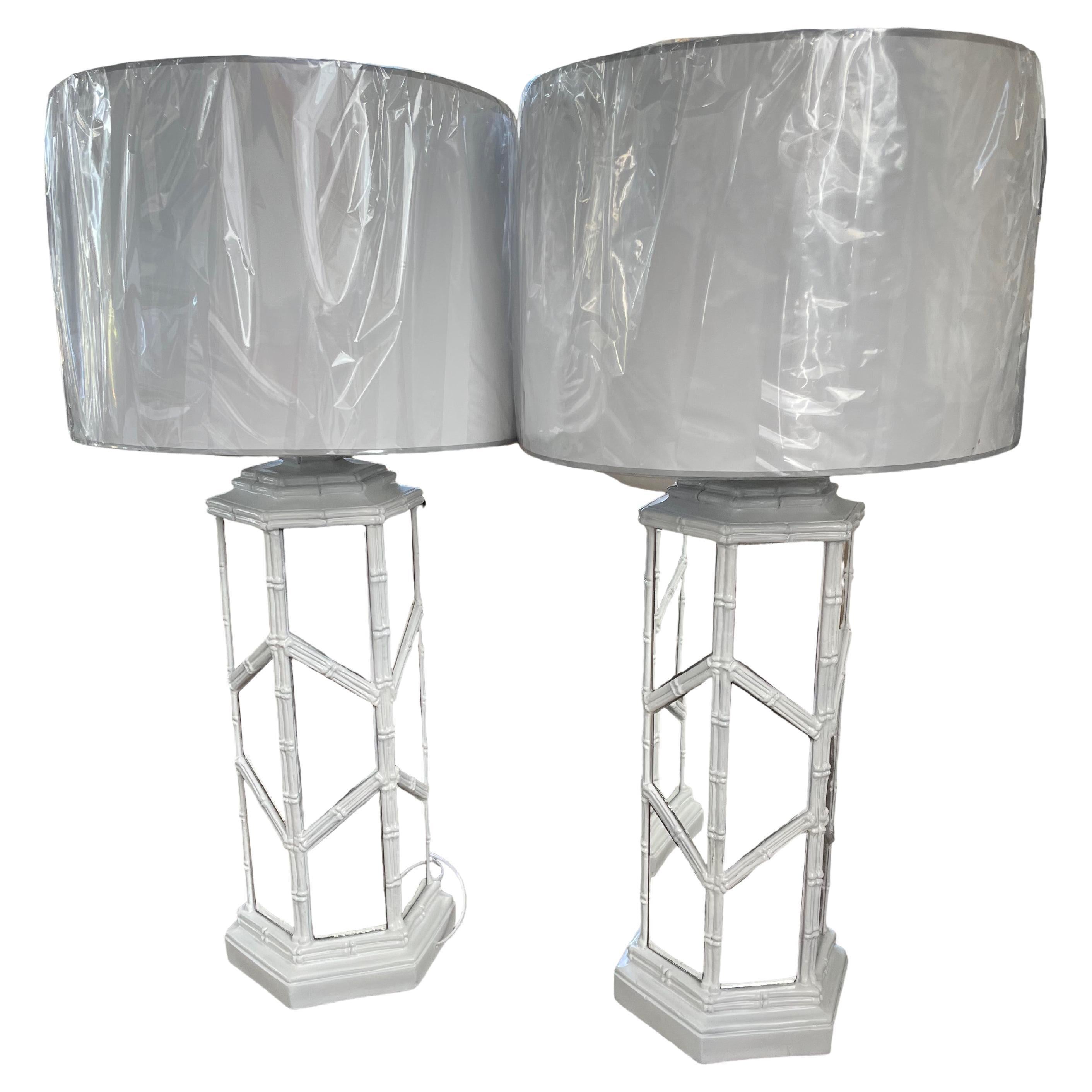 Pair of Stunning Vintage Faux Bamboo Vintage Mirrored Lamps For Sale
