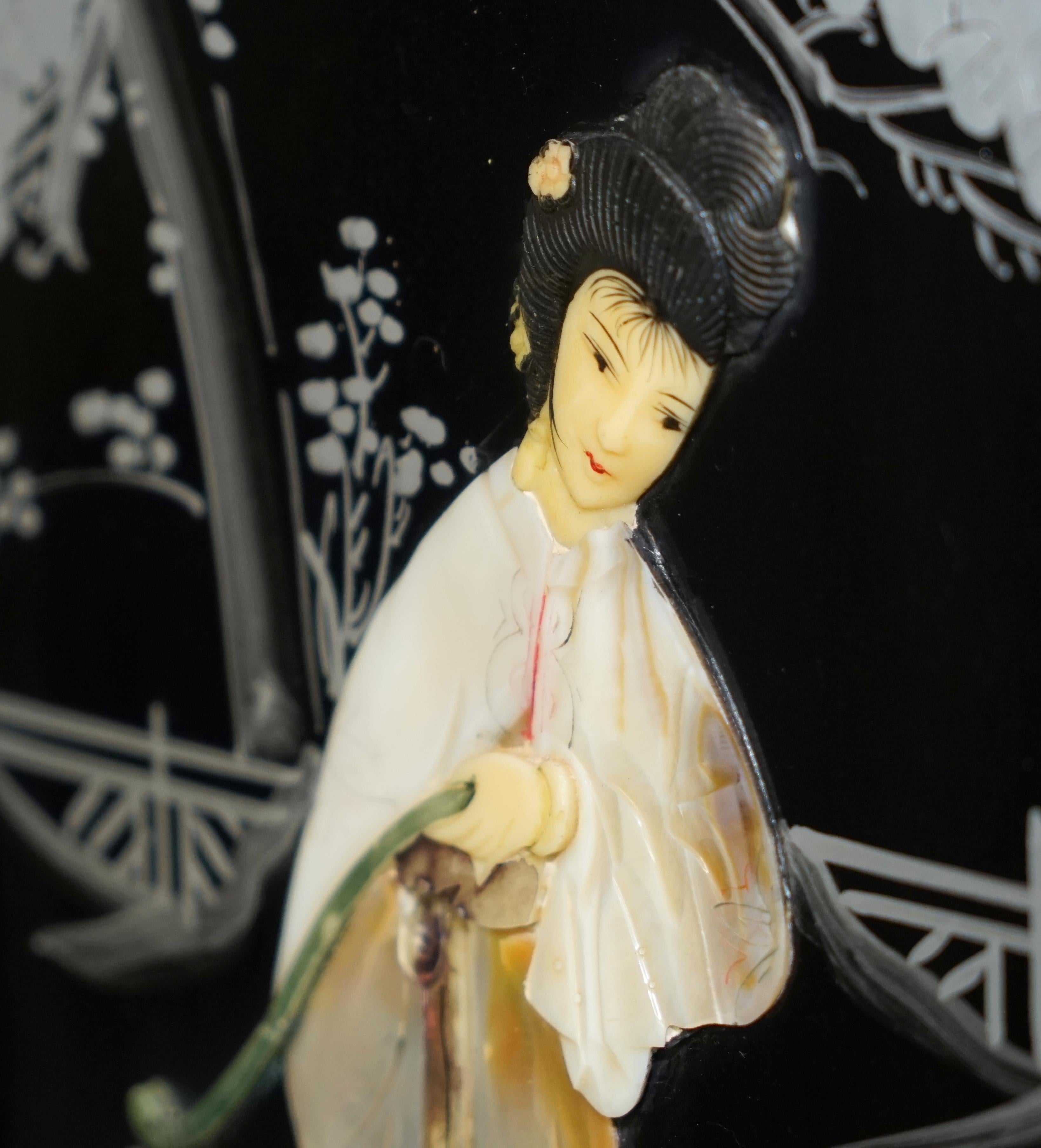 Pair of Stunning Vintage Soapstone & Mother of Pearl Geisha Girl Wall Panels For Sale 4