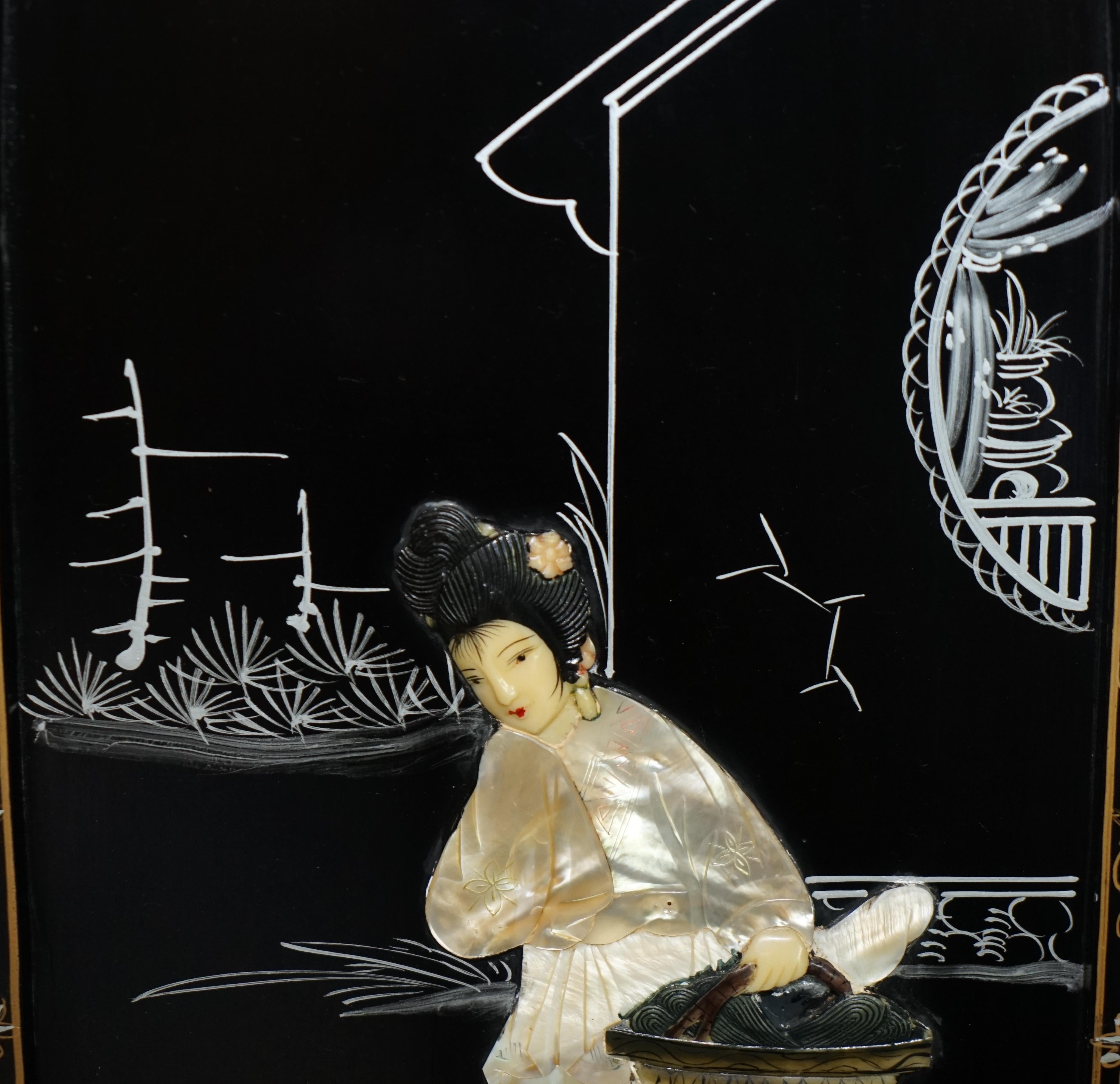 Pair of Stunning Vintage Soapstone & Mother of Pearl Geisha Girl Wall Panels For Sale 8