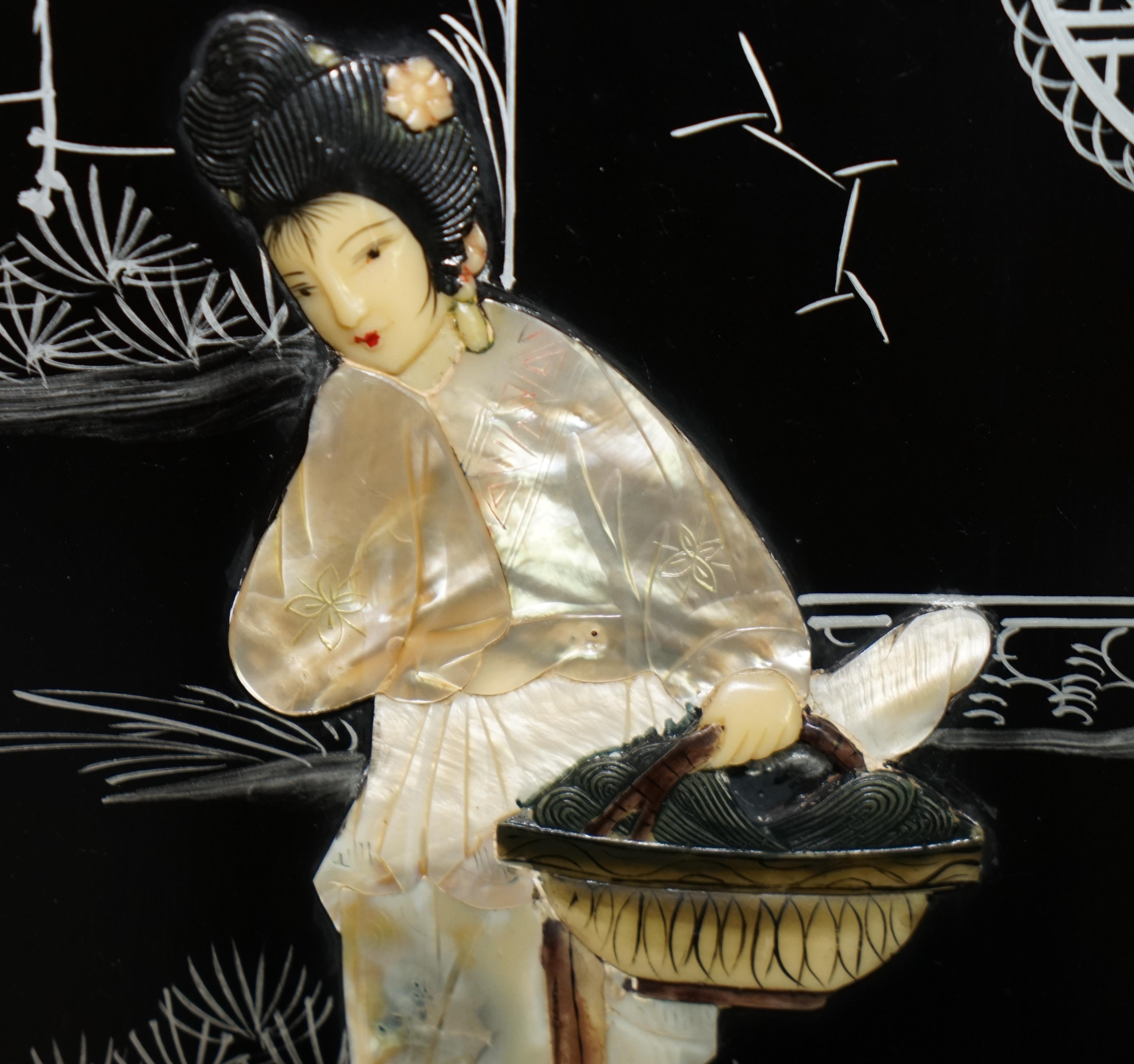Pair of Stunning Vintage Soapstone & Mother of Pearl Geisha Girl Wall Panels For Sale 9
