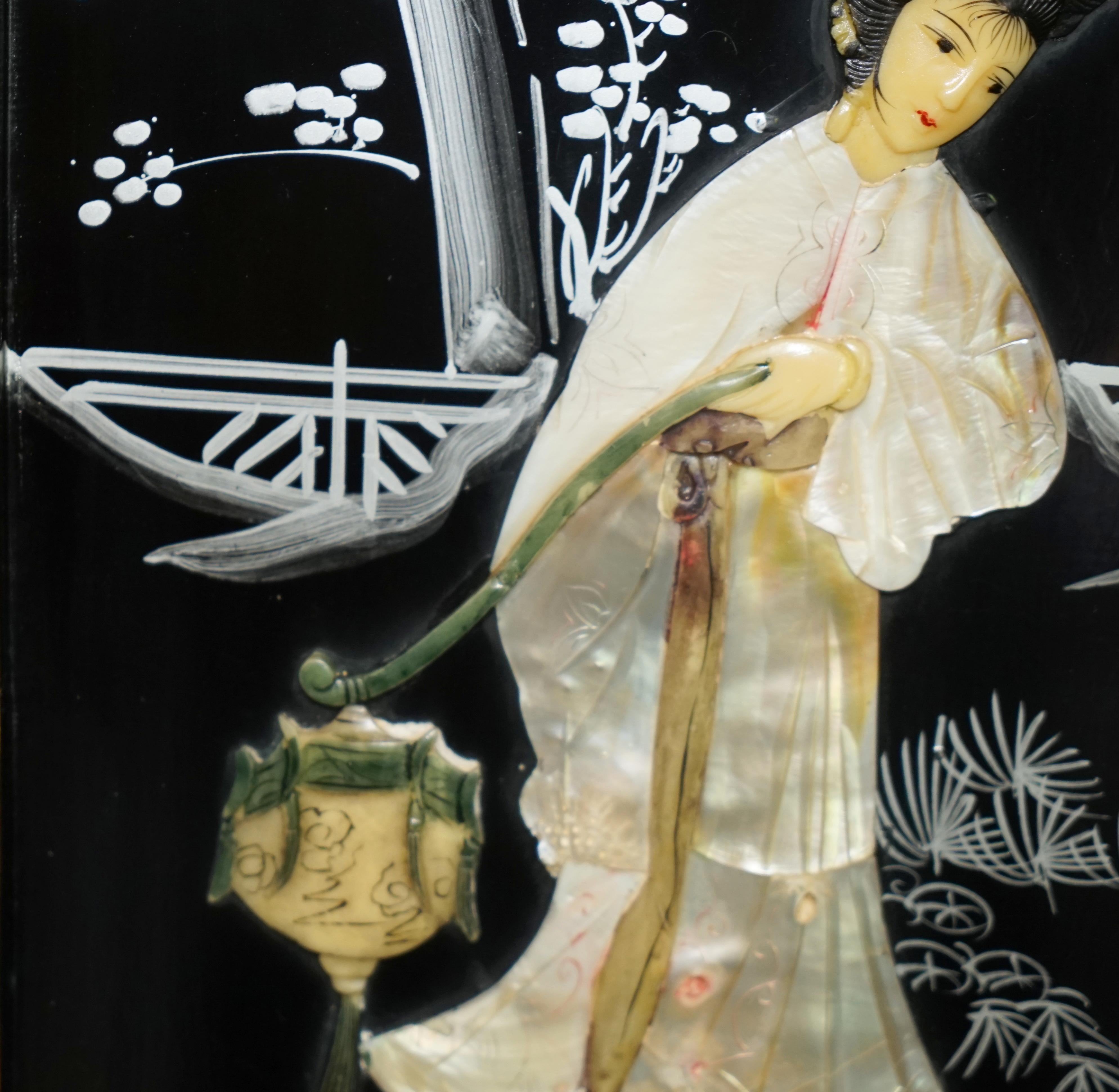 Mid-20th Century Pair of Stunning Vintage Soapstone & Mother of Pearl Geisha Girl Wall Panels For Sale