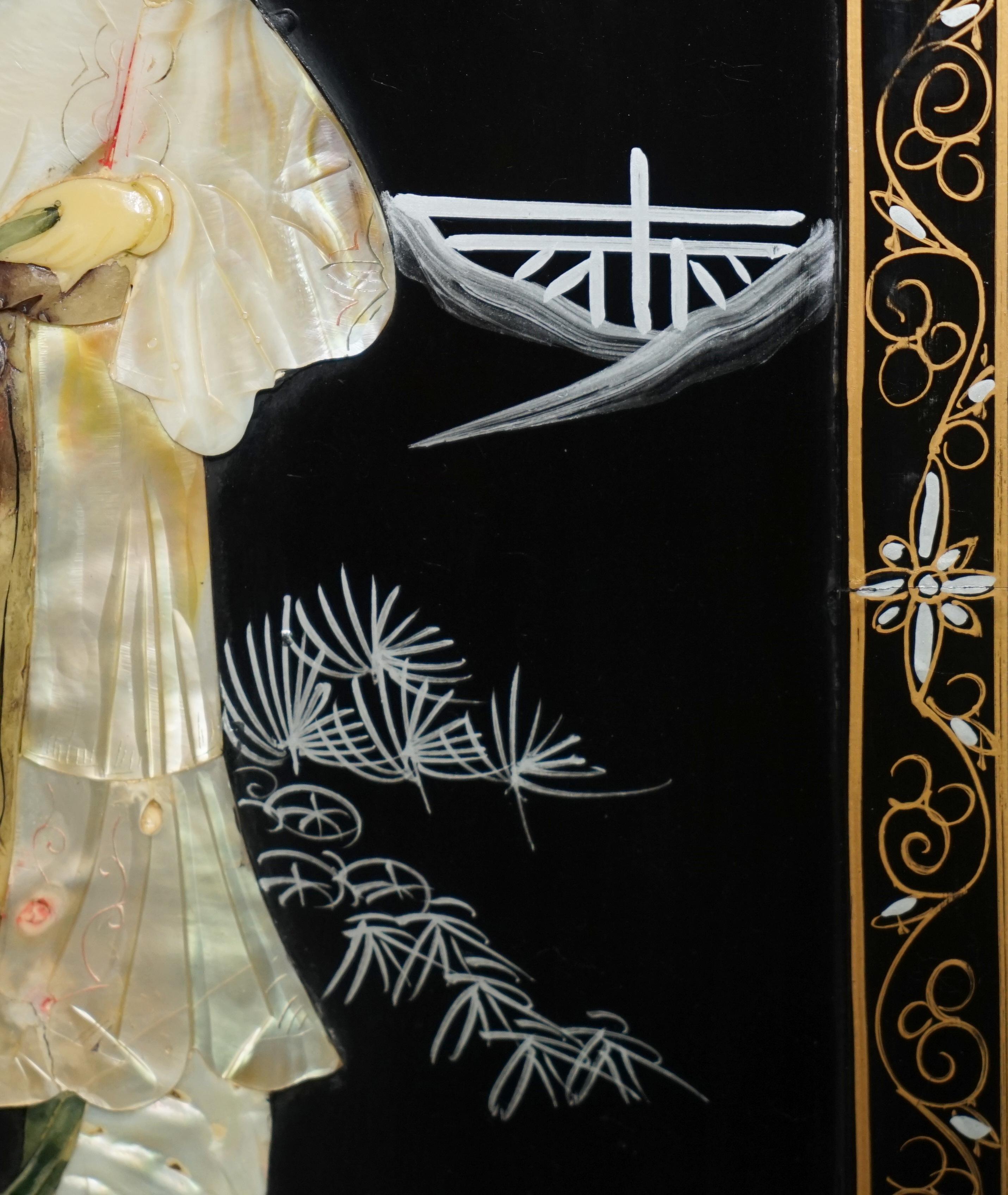 Pair of Stunning Vintage Soapstone & Mother of Pearl Geisha Girl Wall Panels For Sale 1