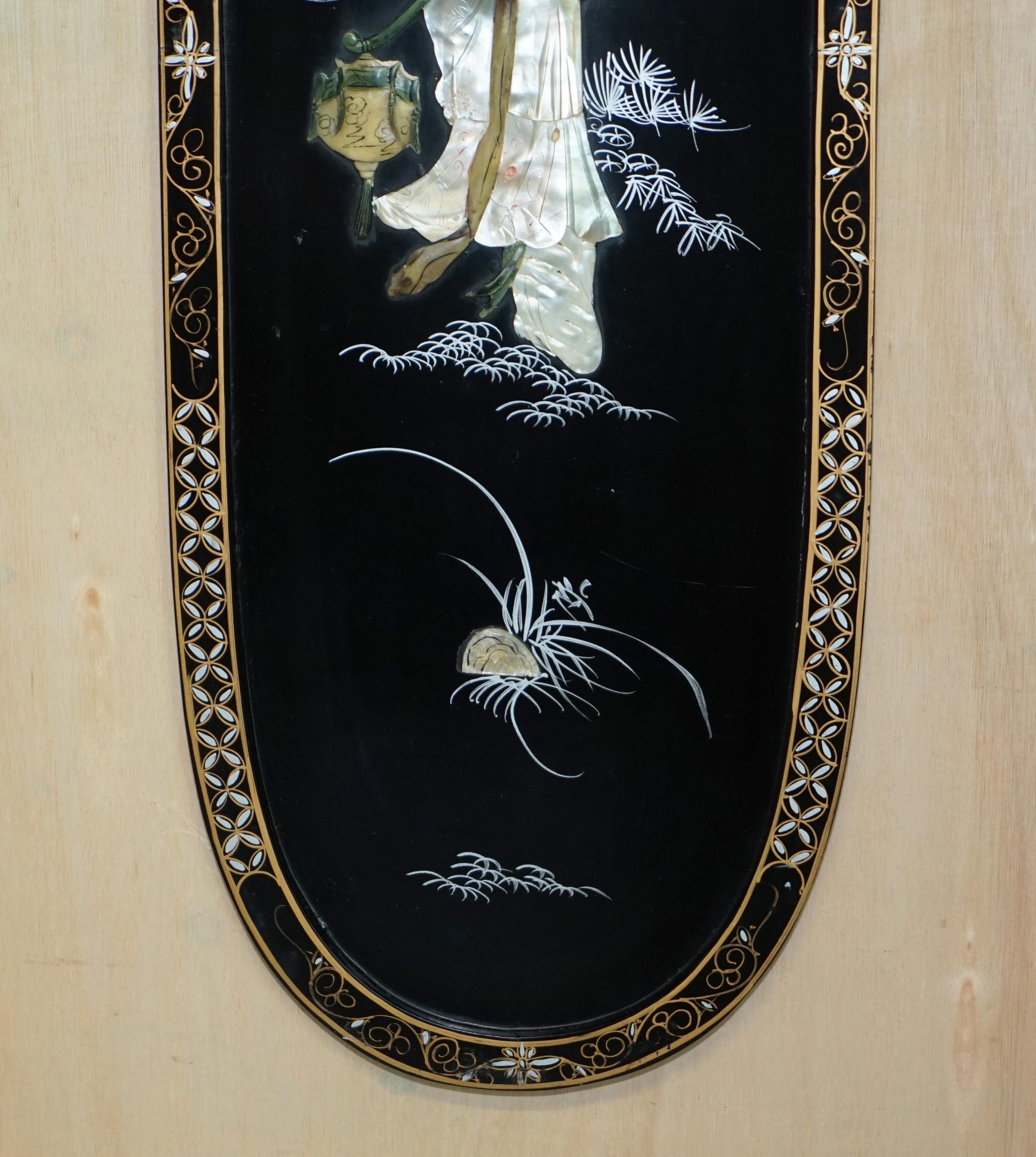 Pair of Stunning Vintage Soapstone & Mother of Pearl Geisha Girl Wall Panels For Sale 2