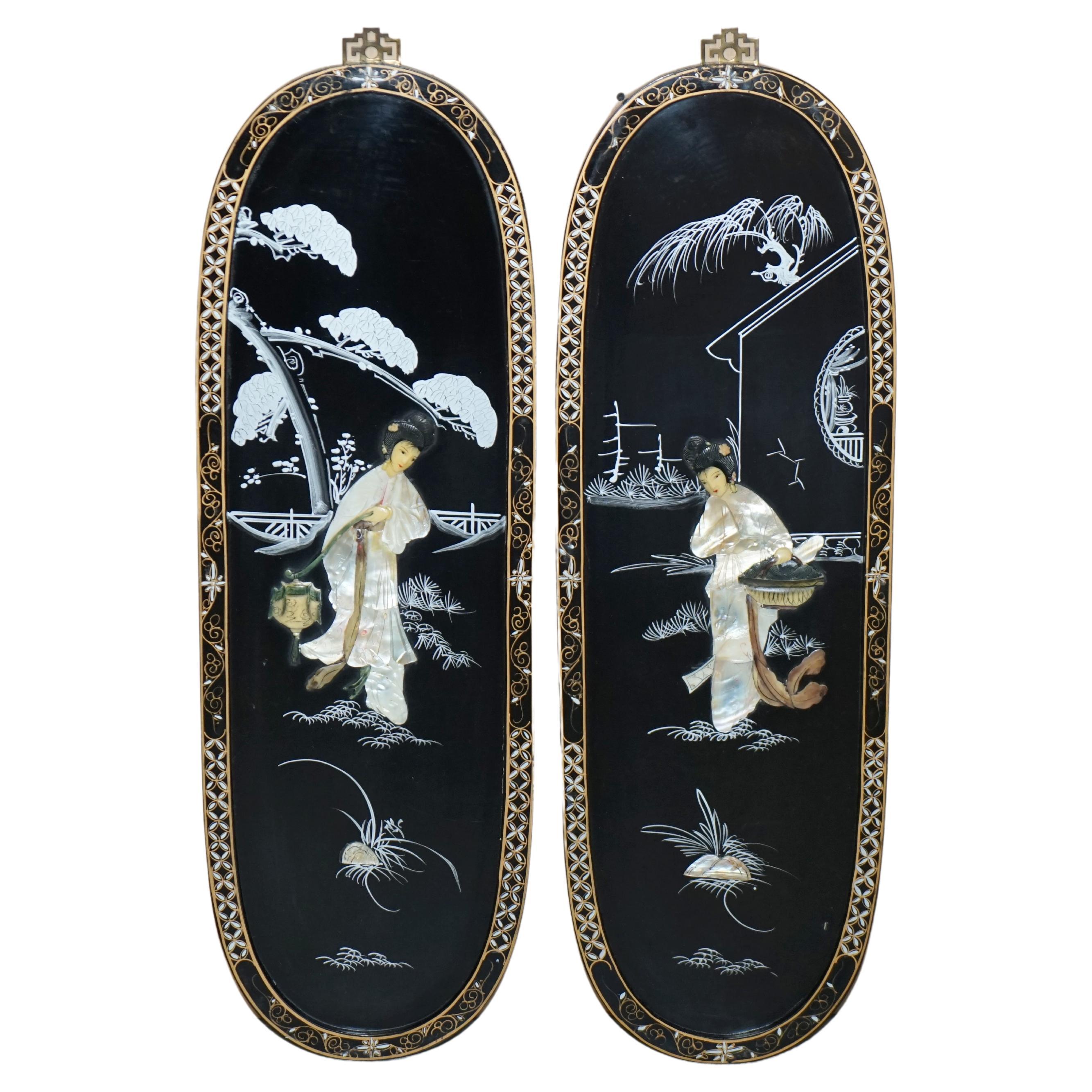Pair of Stunning Vintage Soapstone & Mother of Pearl Geisha Girl Wall Panels