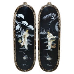 Pair of Stunning Antique Soapstone & Mother of Pearl Geisha Girl Wall Panels