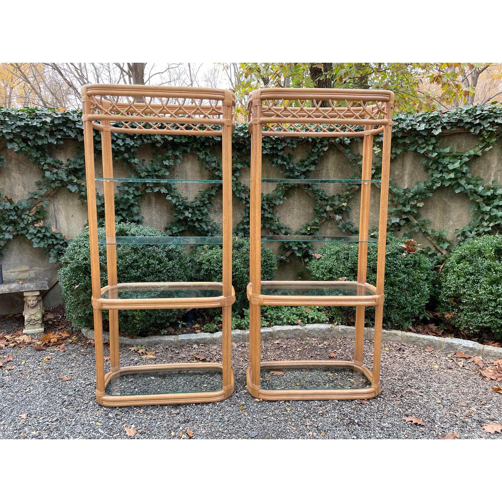 Pair of Stunning Wrapped Bamboo and Glass Bookshelves Etageres For Sale 5