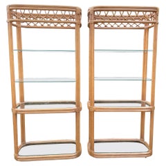 Pair of Stunning Wrapped Bamboo and Glass Bookshelves Etageres