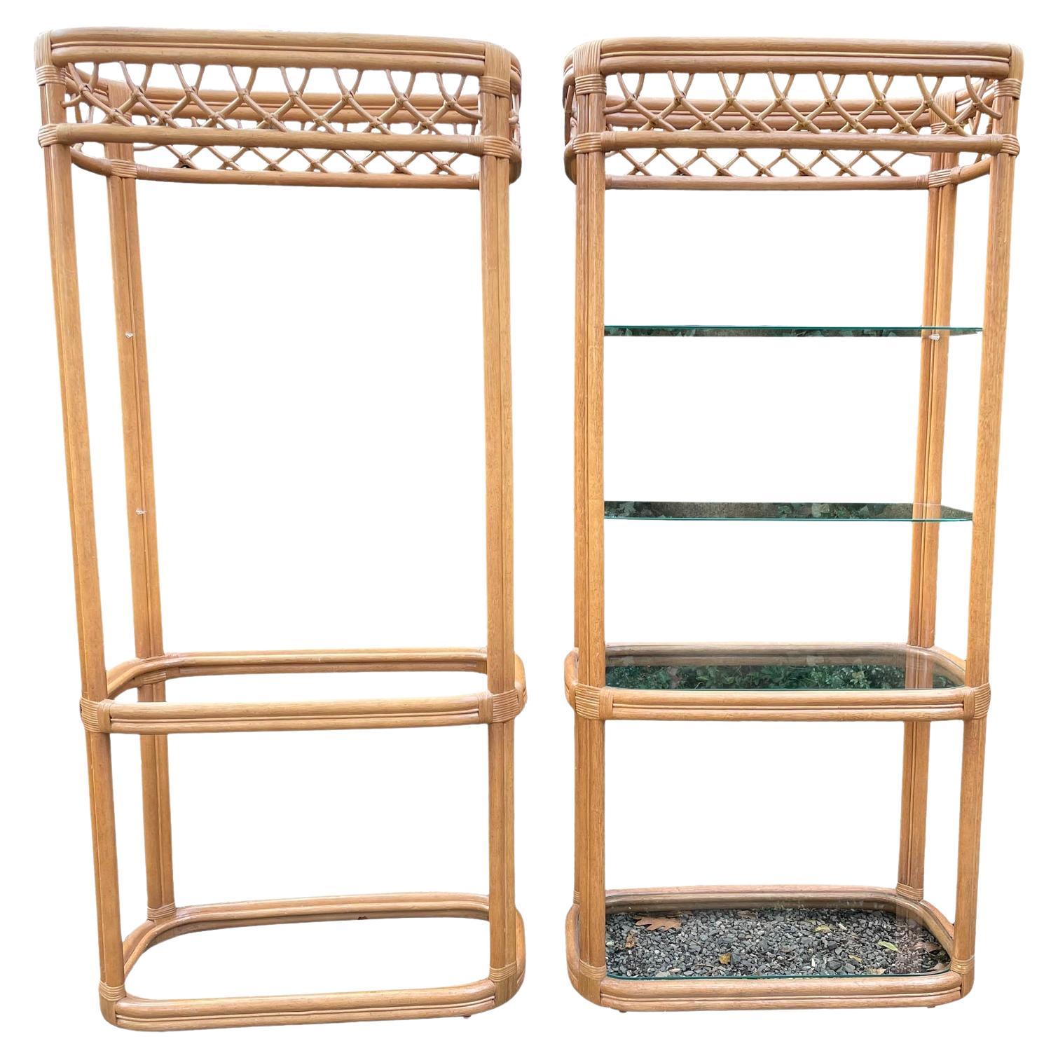 Pair of Stunning Wrapped Bamboo and Glass Bookshelves Etageres For Sale