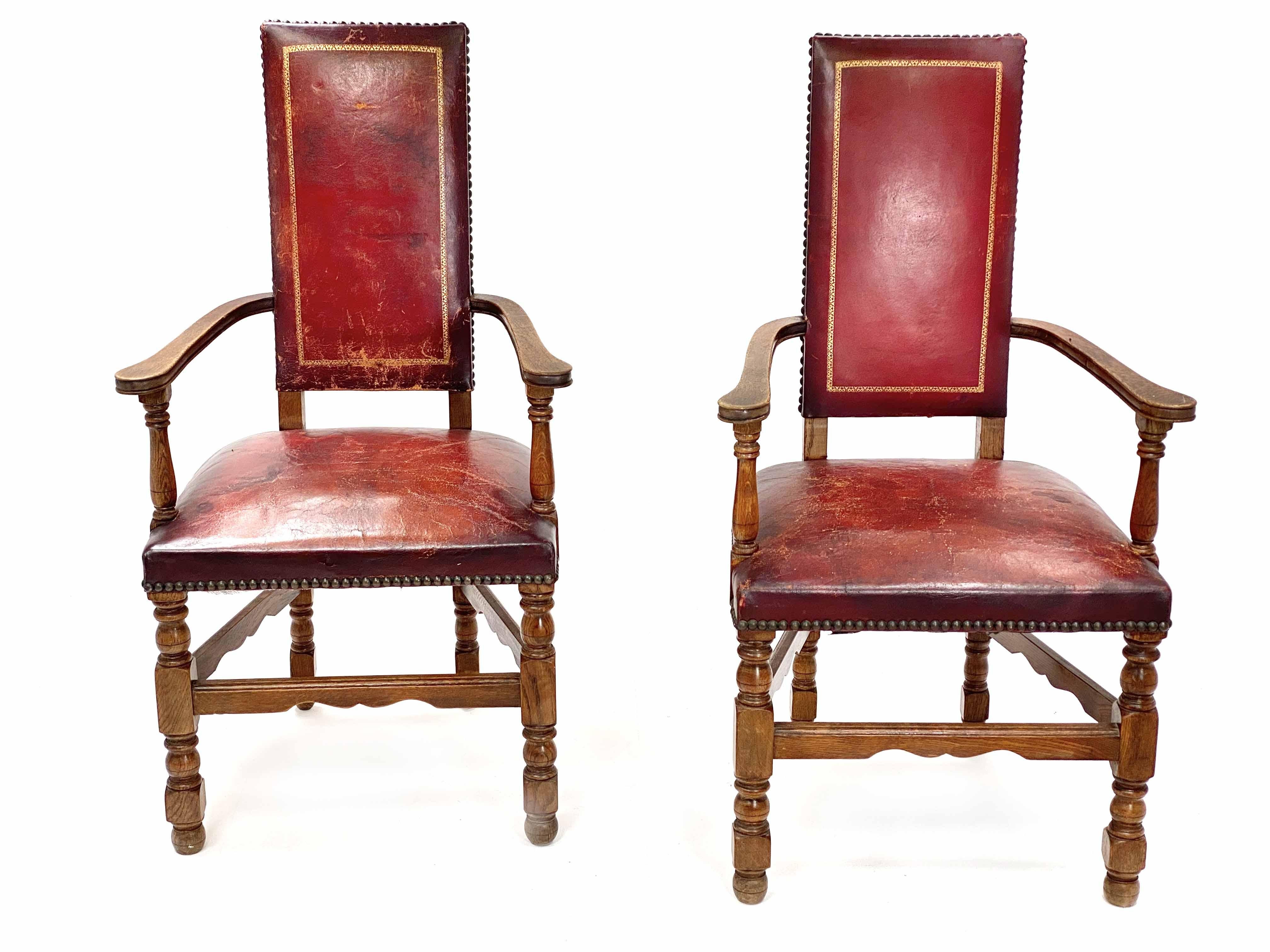 Pair of Style Renaissance Armchairs, Burgundy Color, in Oak, France, 1970 8