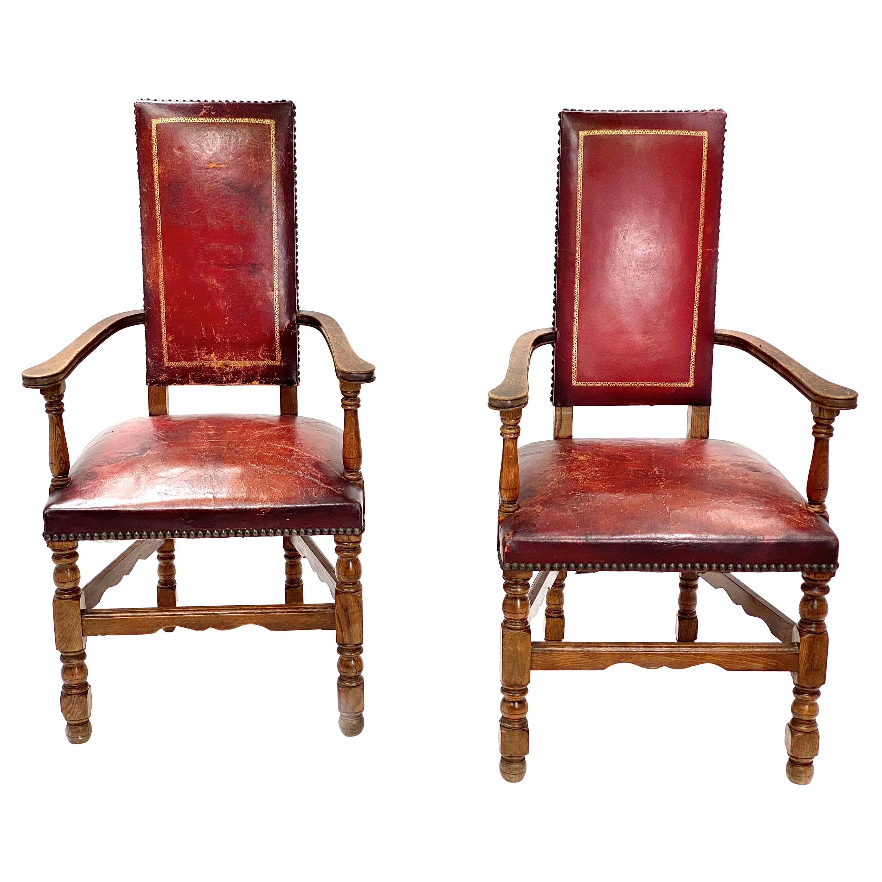 Pair of Style Renaissance Armchairs, Burgundy Color, in Oak, France, 1970