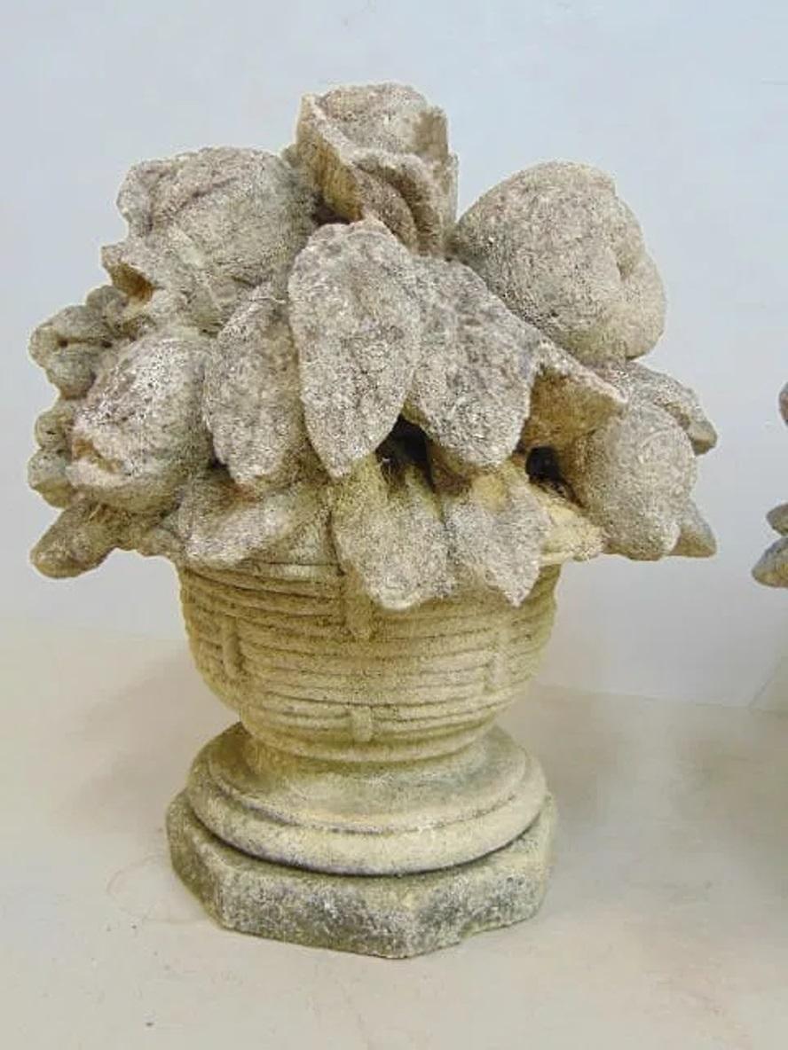 American Pair of stylish Antique Cast Stone Fruit and Flower Baskets For Sale