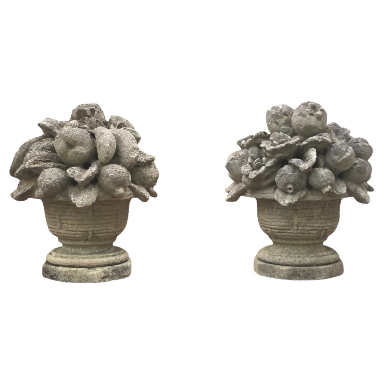 Pair of stylish Antique Cast Stone Fruit and Flower Baskets In Good Condition For Sale In Greenwich, CT