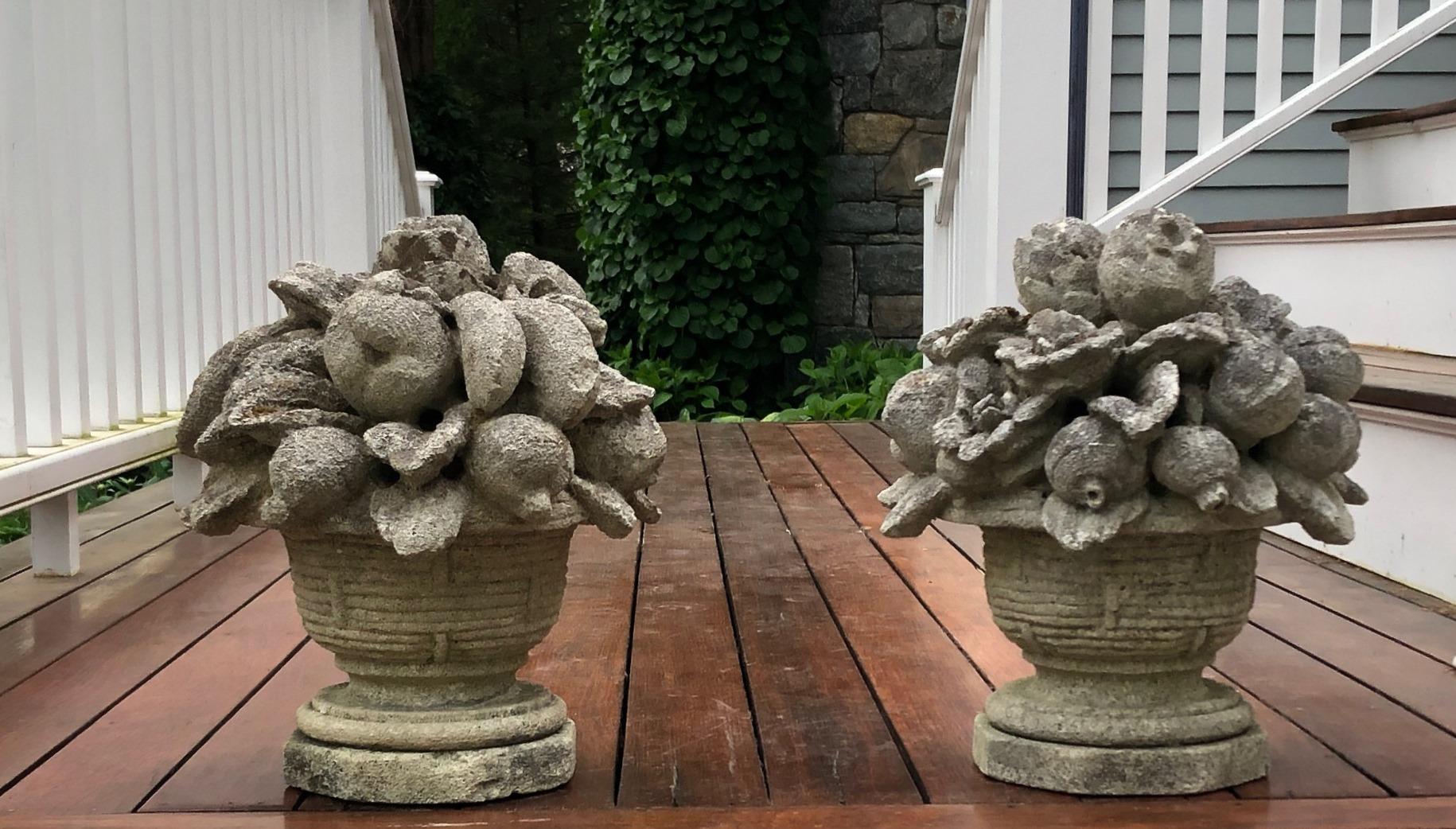 20th Century Pair of stylish Antique Cast Stone Fruit and Flower Baskets For Sale