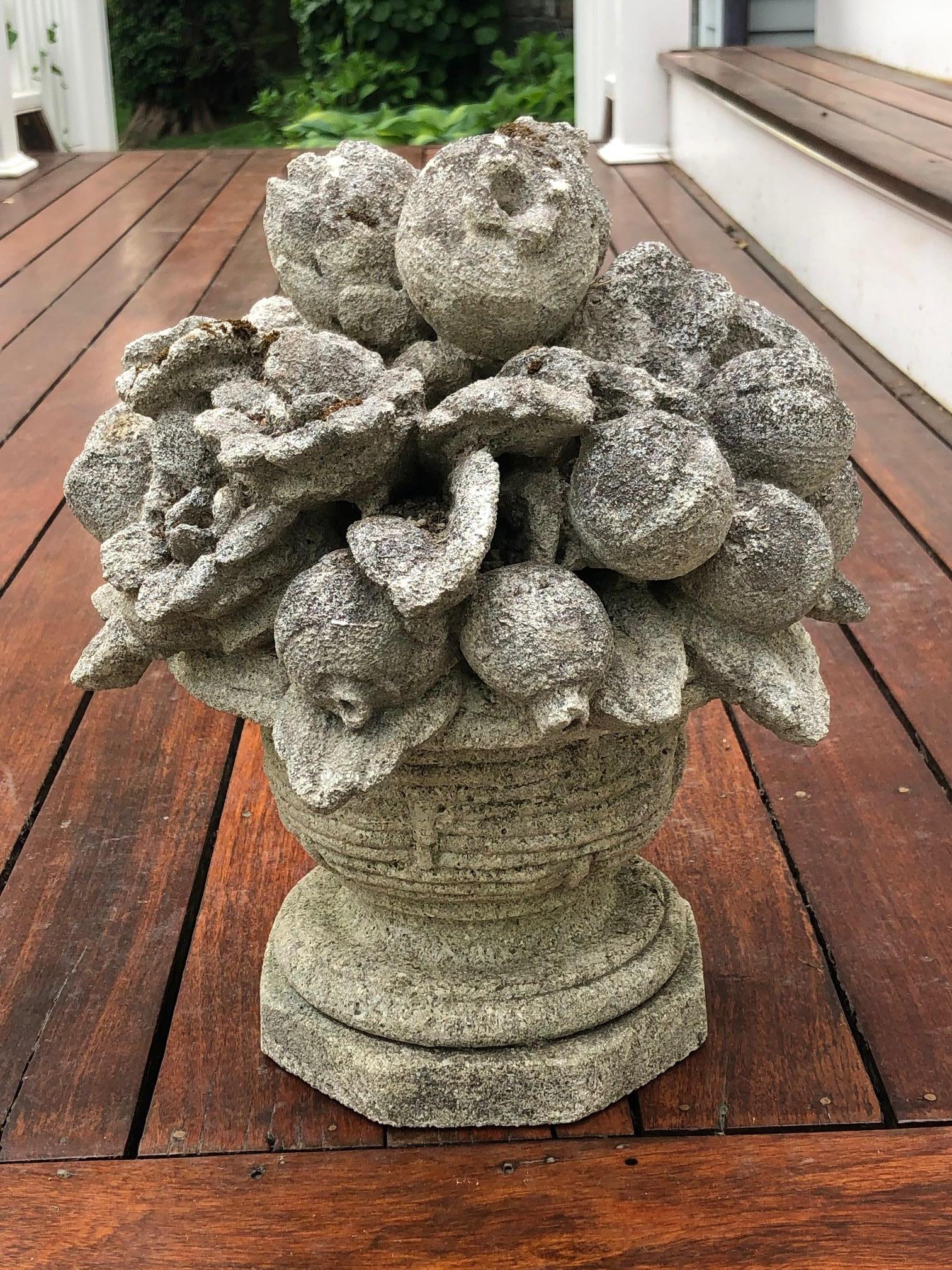 Pair of stylish Antique Cast Stone Fruit and Flower Baskets For Sale 2
