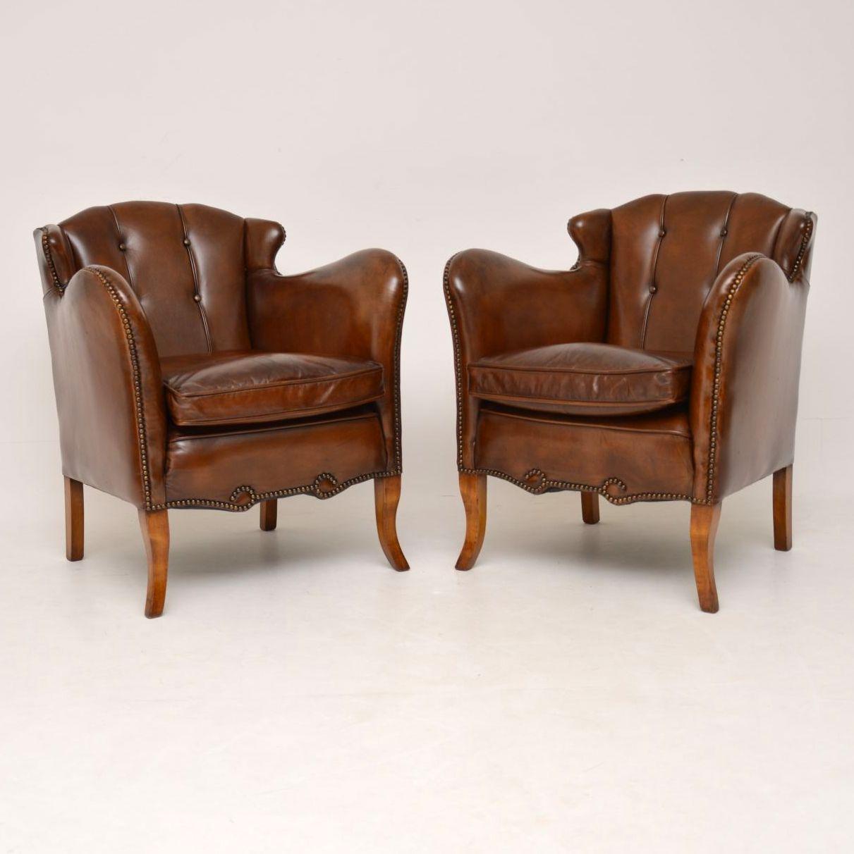 Pair of Stylish Antique Swedish Leather Armchairs 5