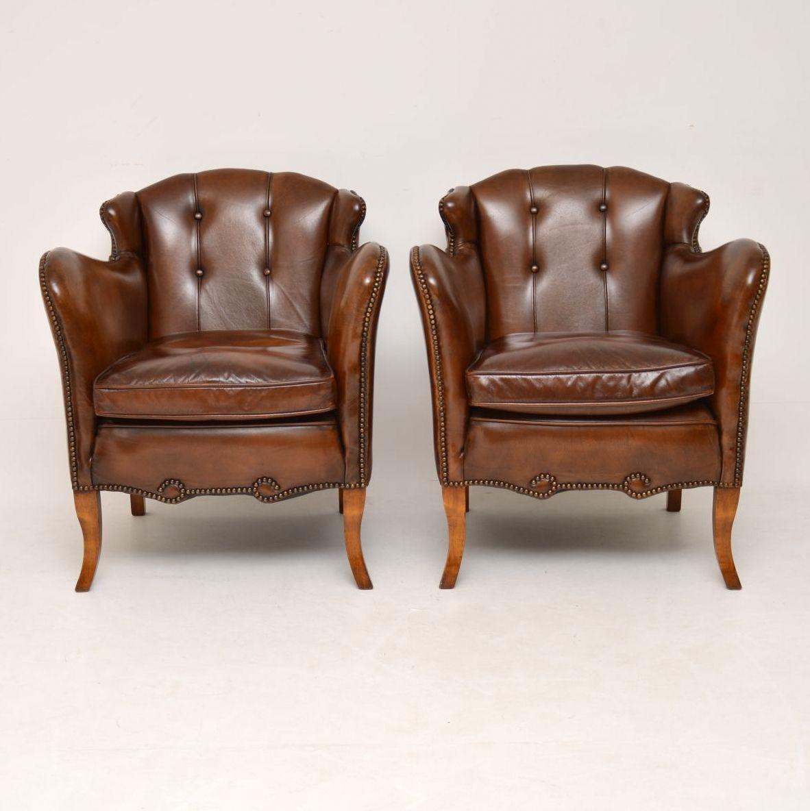 Pair of Stylish Antique Swedish Leather Armchairs 6