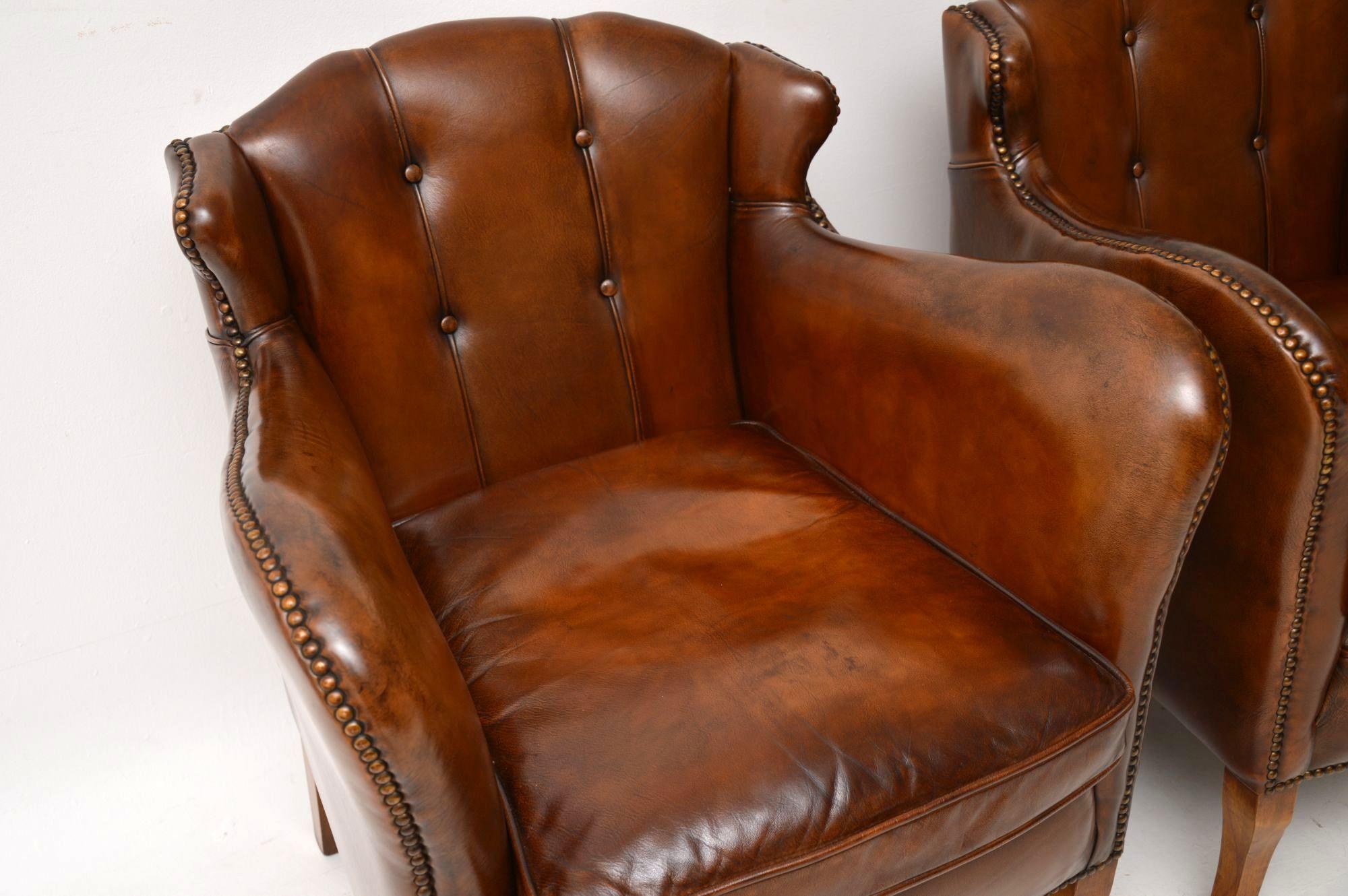 Pair of Stylish Antique Swedish Leather Armchairs 1