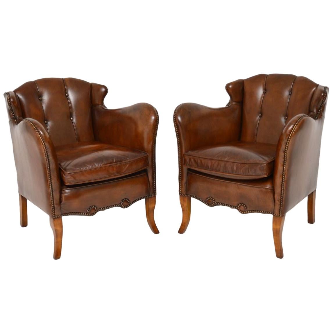 Pair of Stylish Antique Swedish Leather Armchairs For Sale at 1stDibs