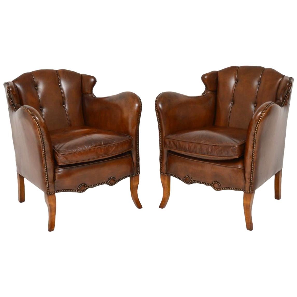 Pair of Stylish Antique Swedish Leather Armchairs