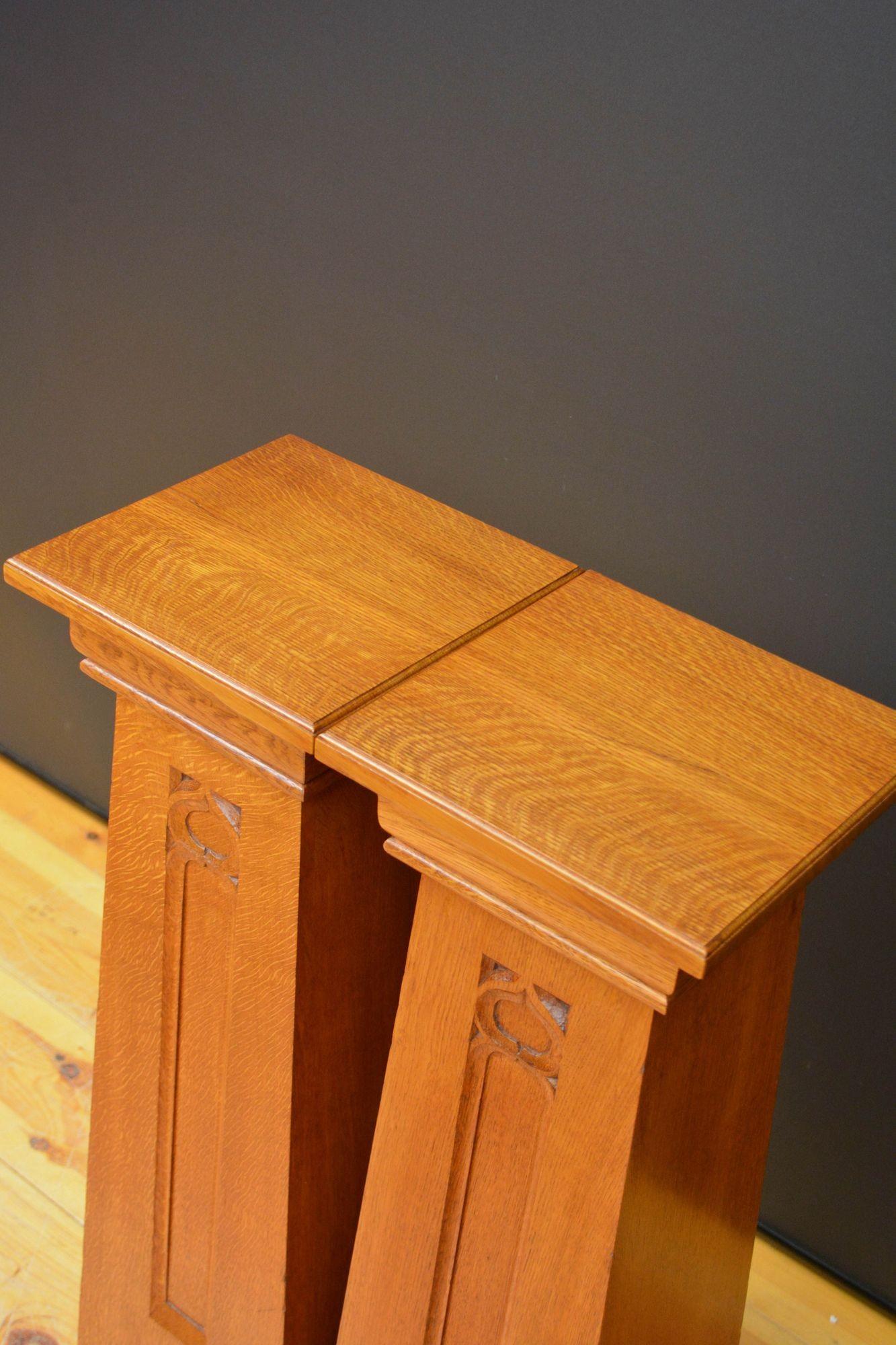 Pareja de elegantes pedestales Arts and Crafts de roble en Bueno estado para la venta en Whaley Bridge, GB