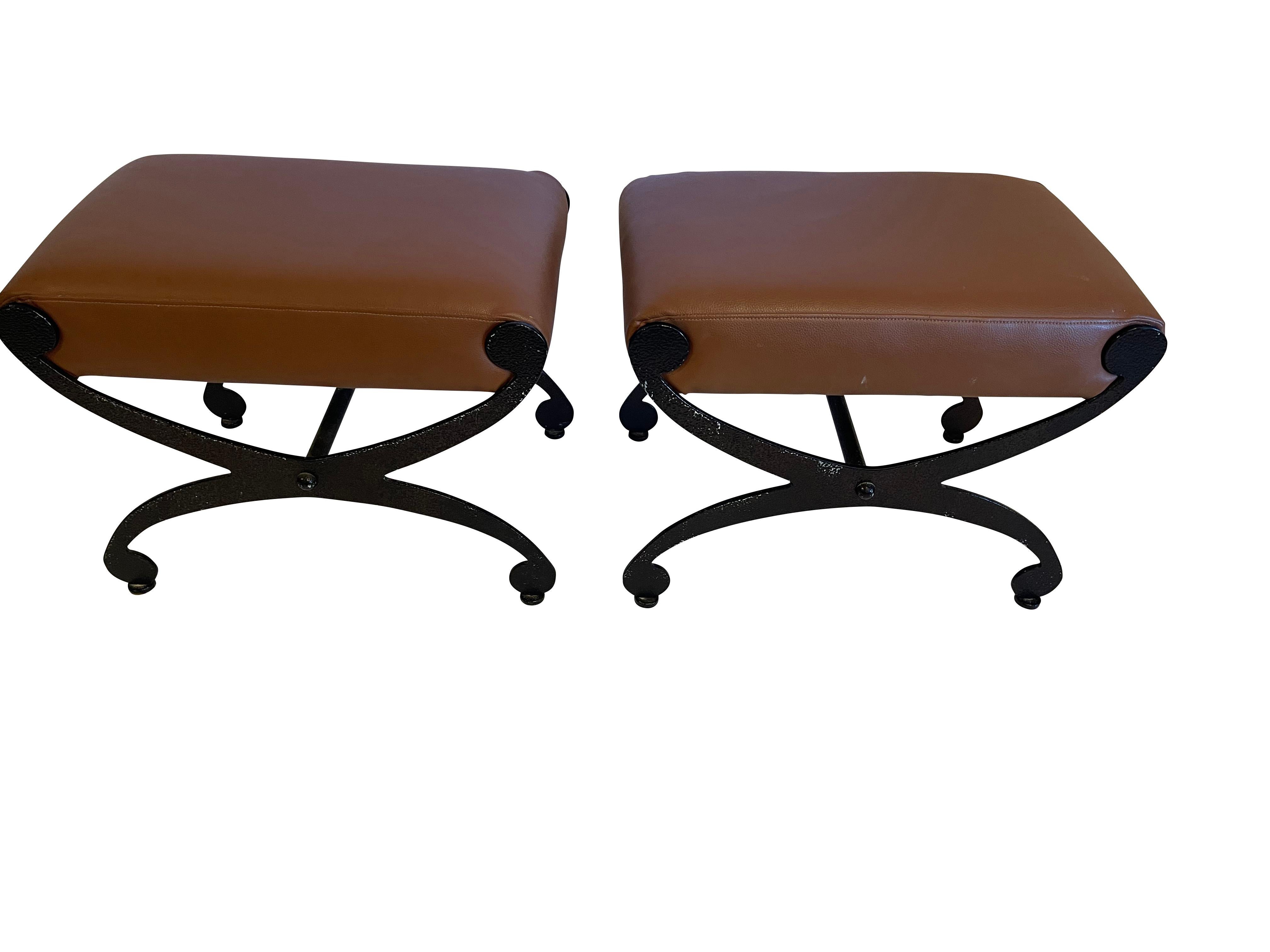 Pair of Stylish Black Iron and Tan Leather Benches For Sale 1