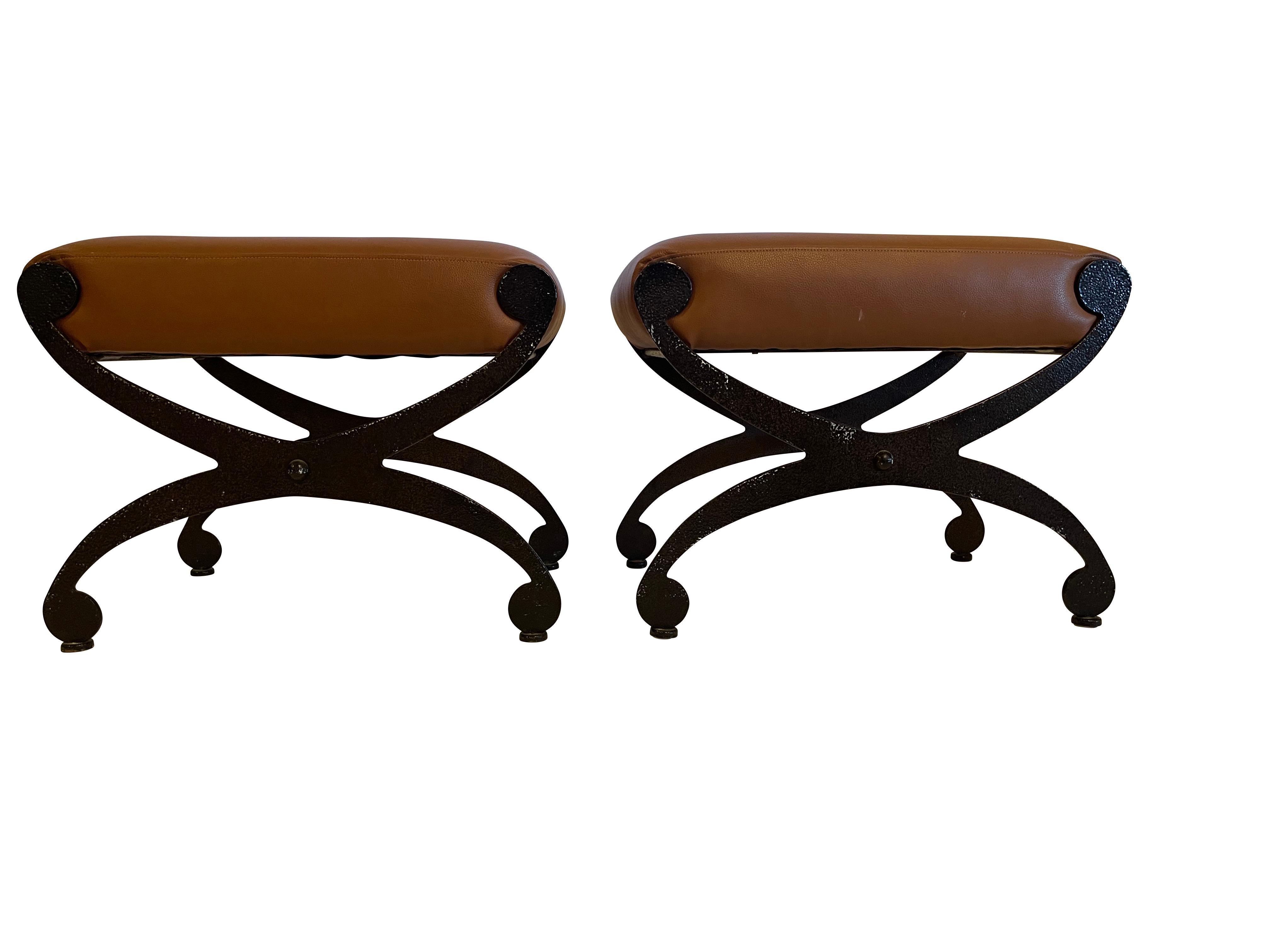 Pair of Stylish Black Iron and Tan Leather Benches For Sale 2