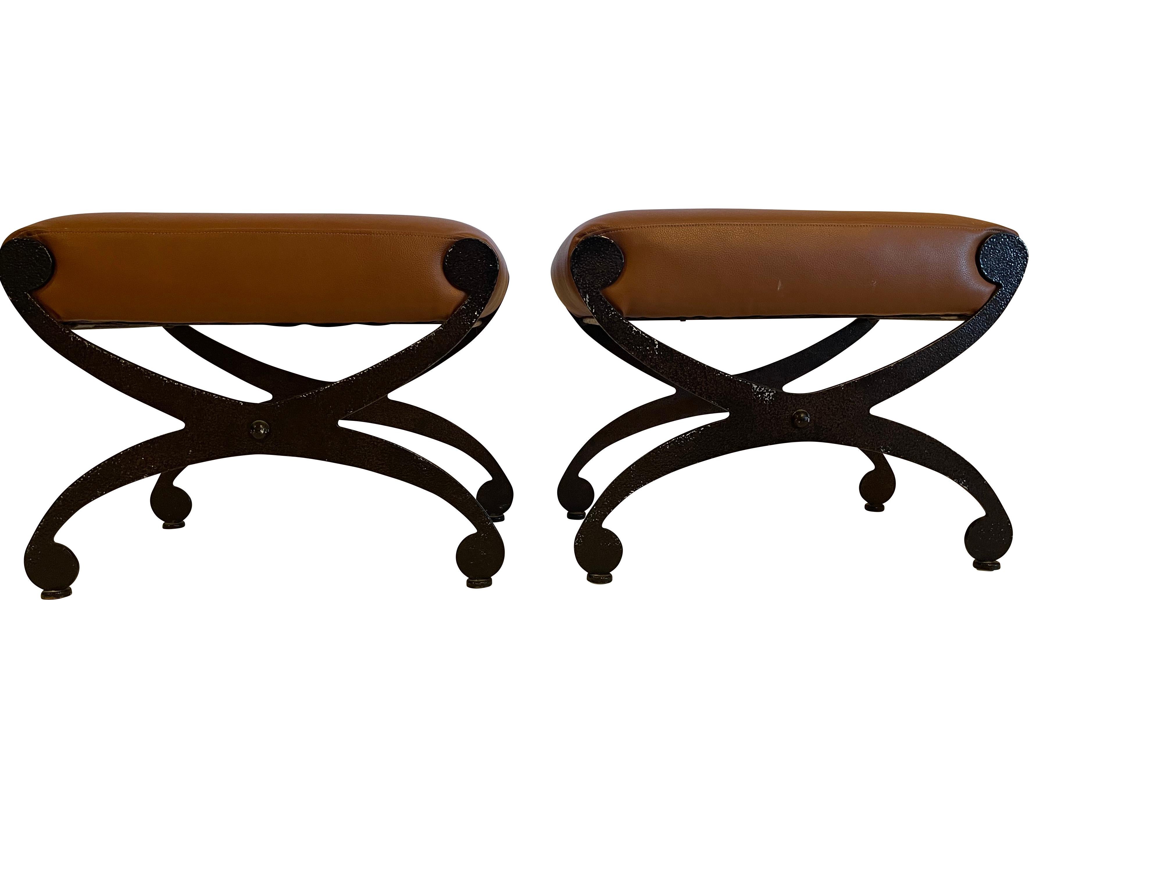 Pair of Stylish Black Iron and Tan Leather Benches For Sale 3